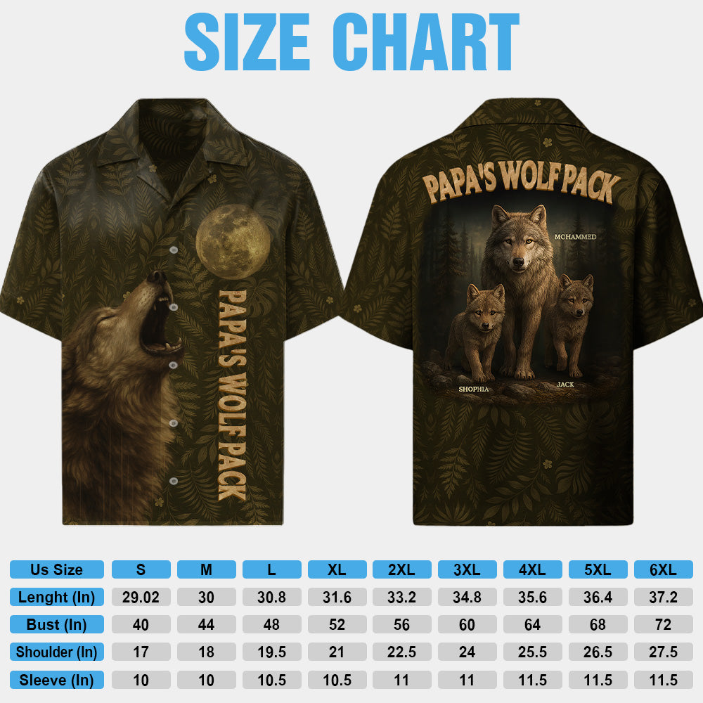 Custom Papa Wolf Pack Hawaiian Shirt, Custom Grandpa With Kids Names Short Sleeve Silk Shirt, Personalized Wolf Pack Tee, Gift For Grandpa, Father's Day Gift Pt99