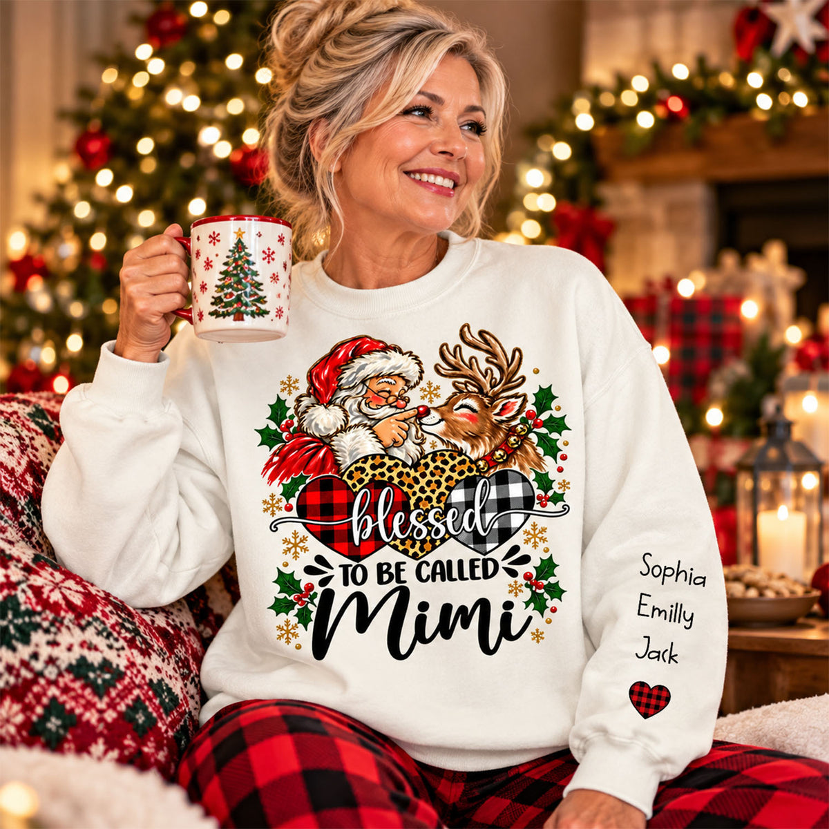 Custom Blessed To Be Called Mimi Christmas Sweatshirt with Grandkids Names on Sleeve, Personalized Mimi Claus Sweater, Cute Santa Reindeer Holiday Crewneck C2408 Li29 TL06