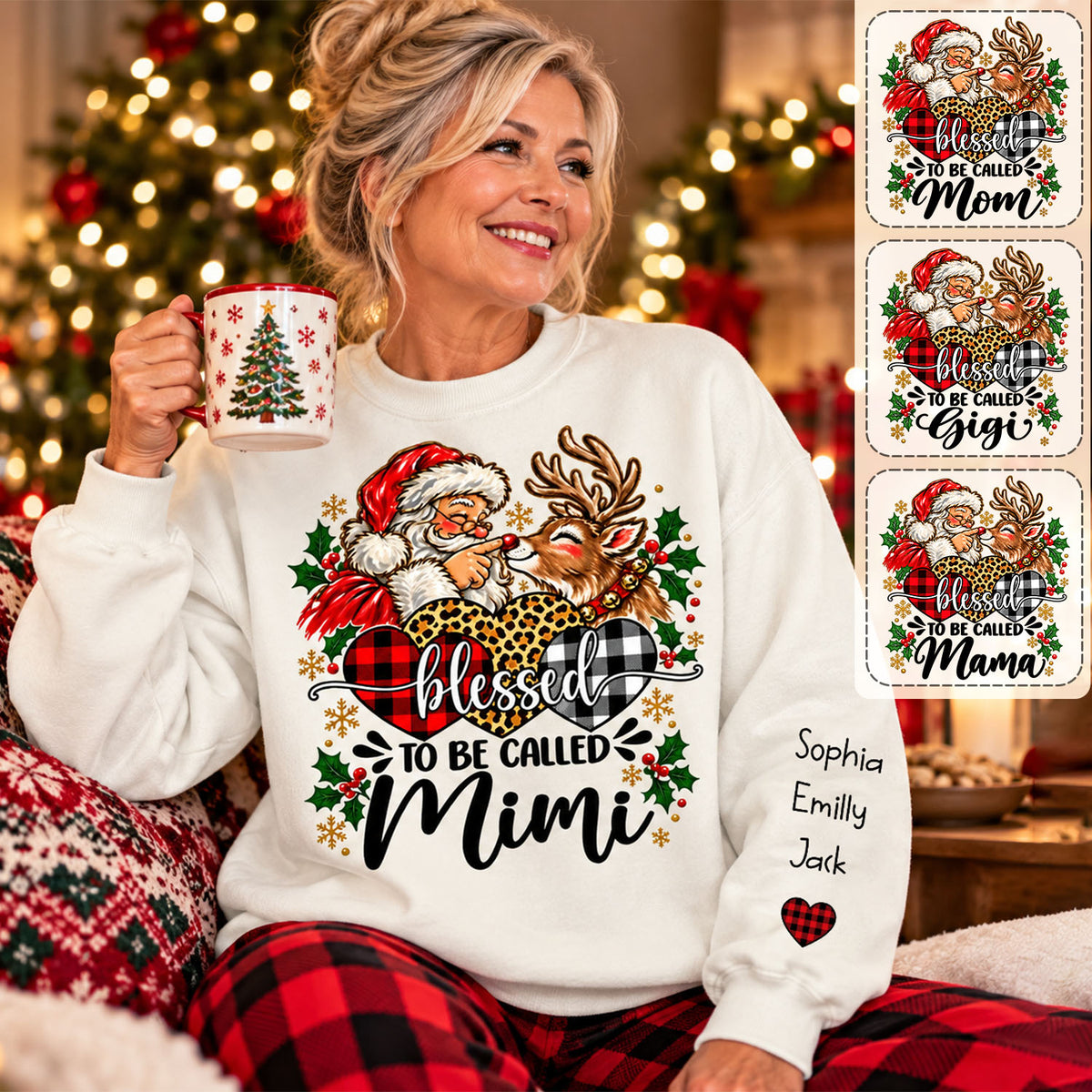 Custom Blessed To Be Called Mimi Christmas Sweatshirt with Grandkids Names on Sleeve, Personalized Mimi Claus Sweater, Cute Santa Reindeer Holiday Crewneck C2408 Li29 TL06