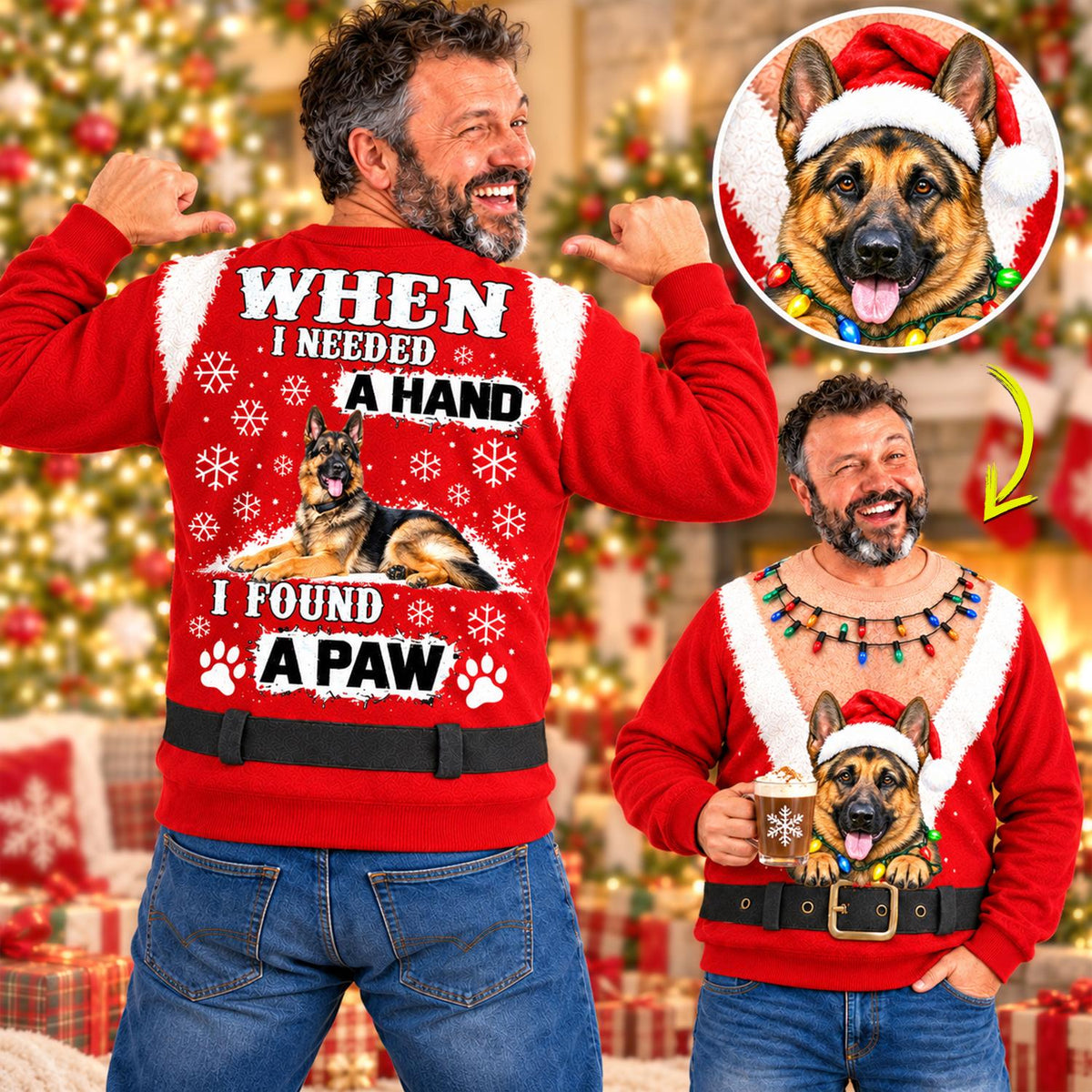 Personalized Funny Christmas All Over Print Shirts, When I Needed A Hand I Found A Paw, Custom Photo Dog Shirt Gift For Dog Lovers T1807 Hv01