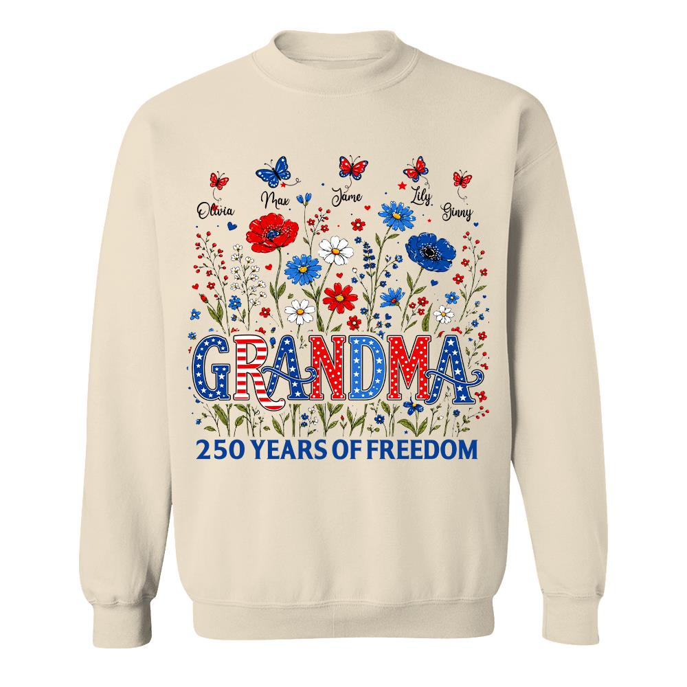 Personalized Grandma Shirt USA 250th Anniversary, Boho Floral Patriotic Tee, Custom Names Gift For Grandma Na02 Hv01