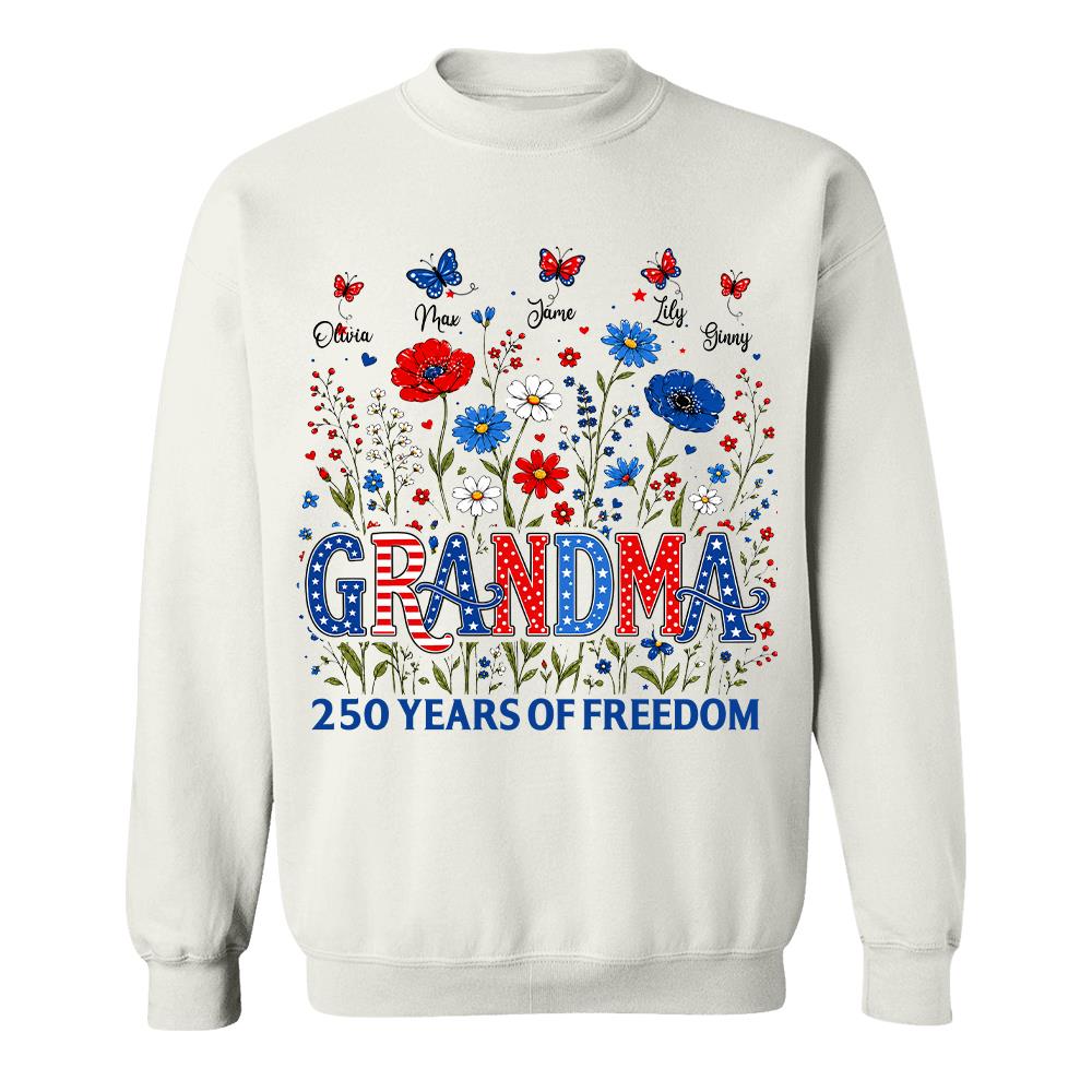 Personalized Grandma Shirt USA 250th Anniversary, Boho Floral Patriotic Tee, Custom Names Gift For Grandma Na02 Hv01