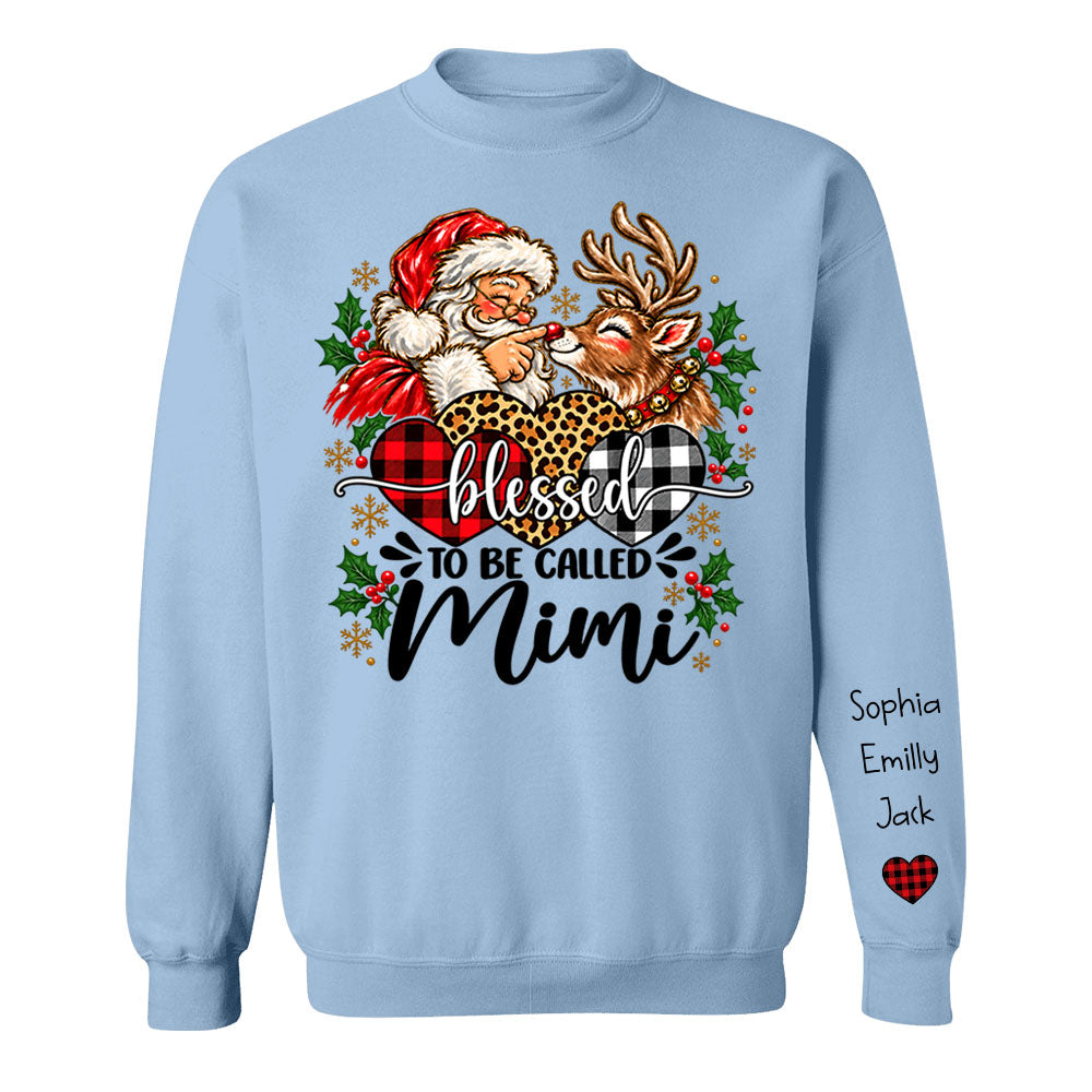 Custom Blessed To Be Called Mimi Christmas Sweatshirt with Grandkids Names on Sleeve, Personalized Mimi Claus Sweater, Cute Santa Reindeer Holiday Crewneck C2408 Li29 TL06