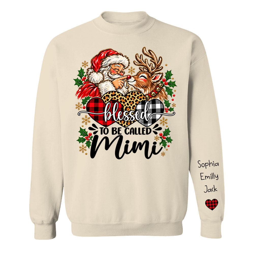 Custom Blessed To Be Called Mimi Christmas Sweatshirt with Grandkids Names on Sleeve, Personalized Mimi Claus Sweater, Cute Santa Reindeer Holiday Crewneck C2408 Li29 TL06
