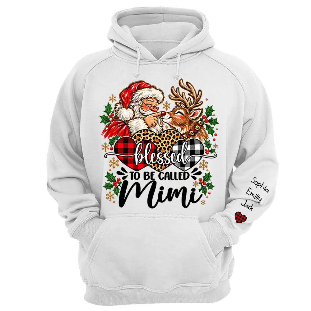 Custom Blessed To Be Called Mimi Christmas Sweatshirt with Grandkids Names on Sleeve, Personalized Mimi Claus Sweater, Cute Santa Reindeer Holiday Crewneck C2408 Li29 TL06