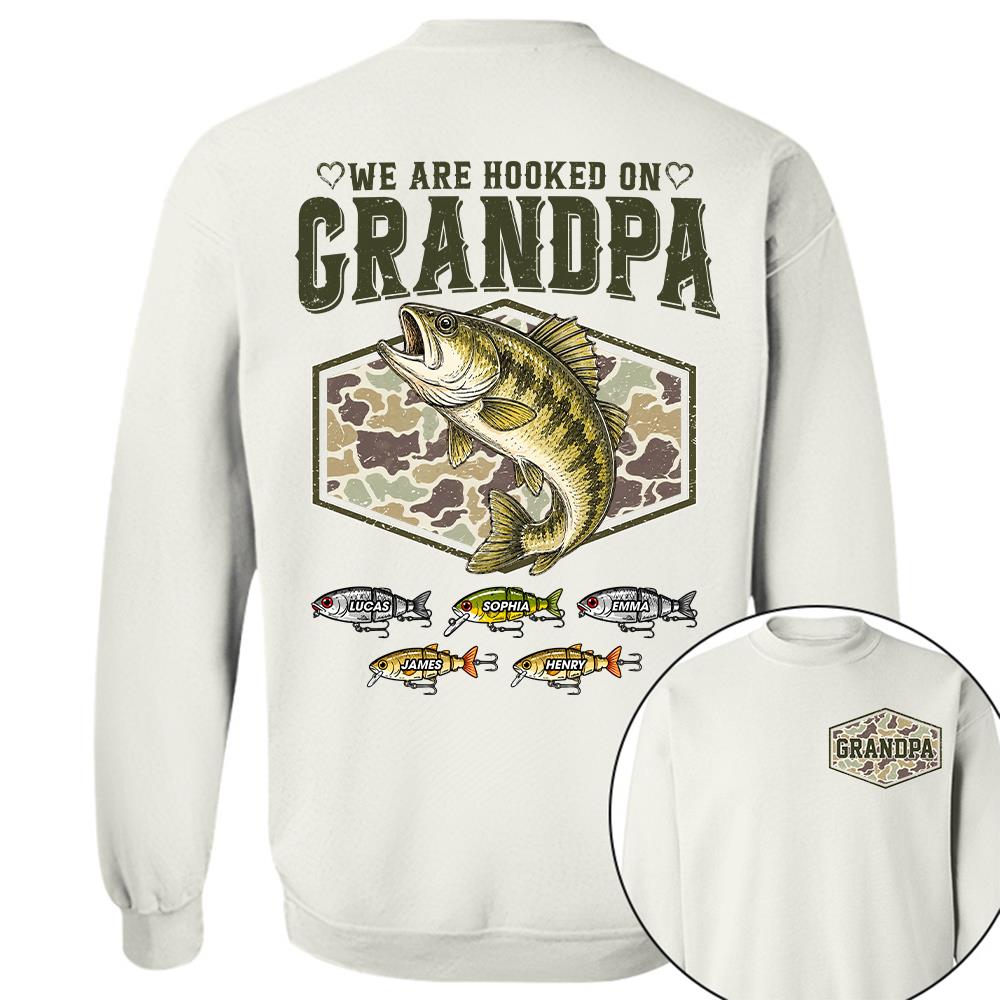 We Are Hooked On Grandpa Personalized Vintage Retro Fishing Shirt, Custom Fishing Gift for Dad, Father's Day Tee Na02 Hv01