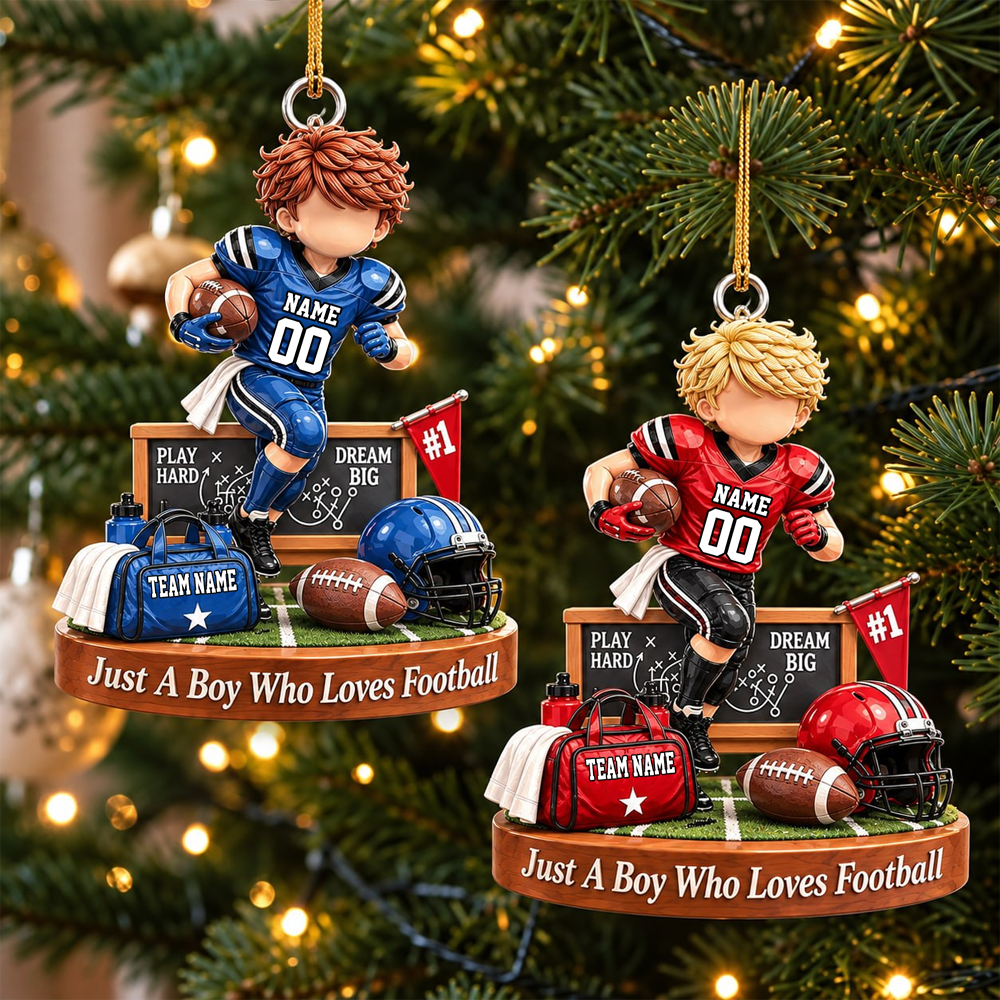 Personalized Just A Boy Who Loves Football Ornament, Custom Player Name & Number Gift, Christmas Keepsake T1807 Hv01