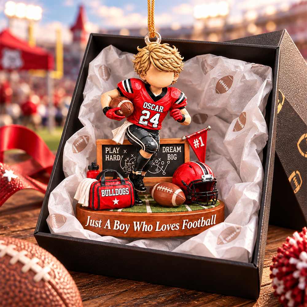 Personalized Just A Boy Who Loves Football Ornament, Custom Player Name & Number Gift, Christmas Keepsake T1807 Hv01