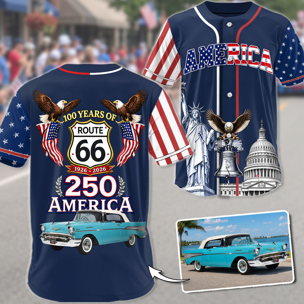 Celebrate 100 Years of Road Route 66 and America 250th Anniversary - Personalized Car Photo Baseball Jersey A2110 Pt99