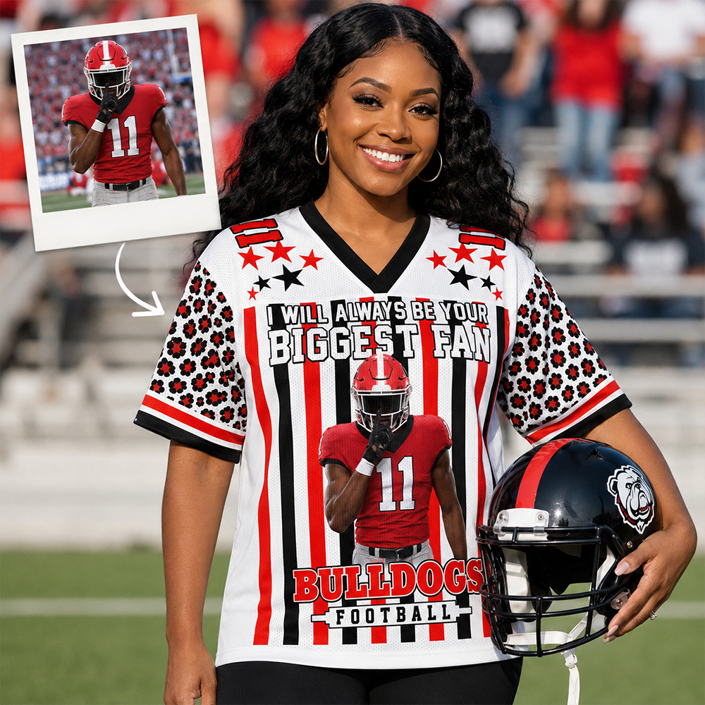 Personalized Football Jersey with Player Photo, Custom Team Name & Mascot, “I Will Always Be Your Biggest Fan” Gift for Football Mom & Grandma Hv01