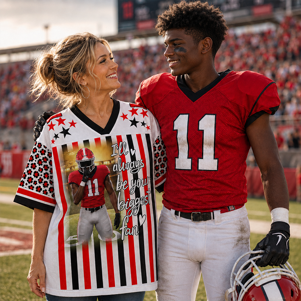Personalized Football Jersey Shirt with Photo, Custom Team Name & Mascot, Black Gold Leopard Game Day Gift for Mom, Dad & Grandma Hv01