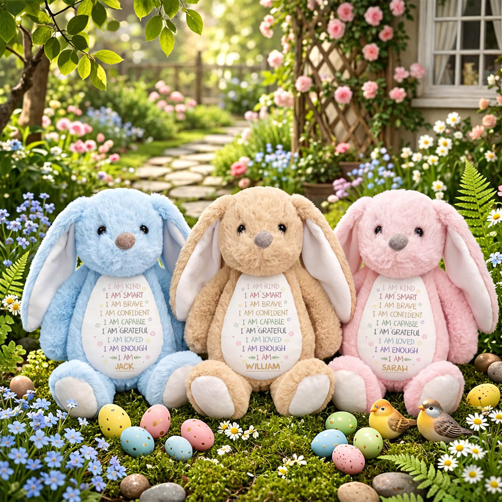 Personalized Easter Bunny Affirmations Soft Toy, Custom Name I Am Kind Smart Brave Plush, Kids Positive Gift, Toddler Easter Basket Stuffer Pt99