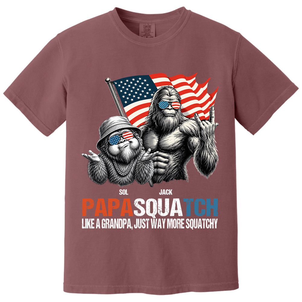 Personalized Papasquatch - Bigfoot Merica Rock American Flag T-Shirt, Father Day Gifts for Dad Funny Papa Tshirt Cool Daddy Bigfoot Tee A2110 T24