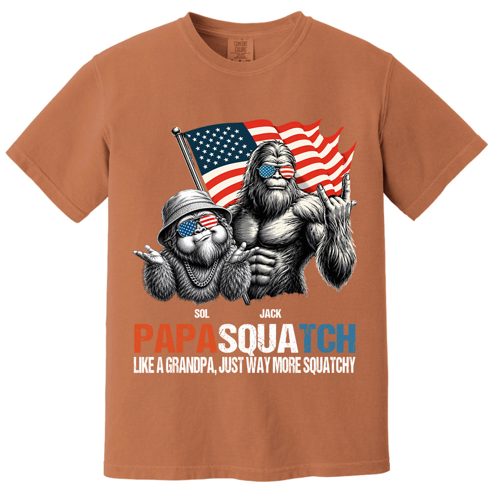 Personalized Papasquatch - Bigfoot Merica Rock American Flag T-Shirt, Father Day Gifts for Dad Funny Papa Tshirt Cool Daddy Bigfoot Tee A2110 T24