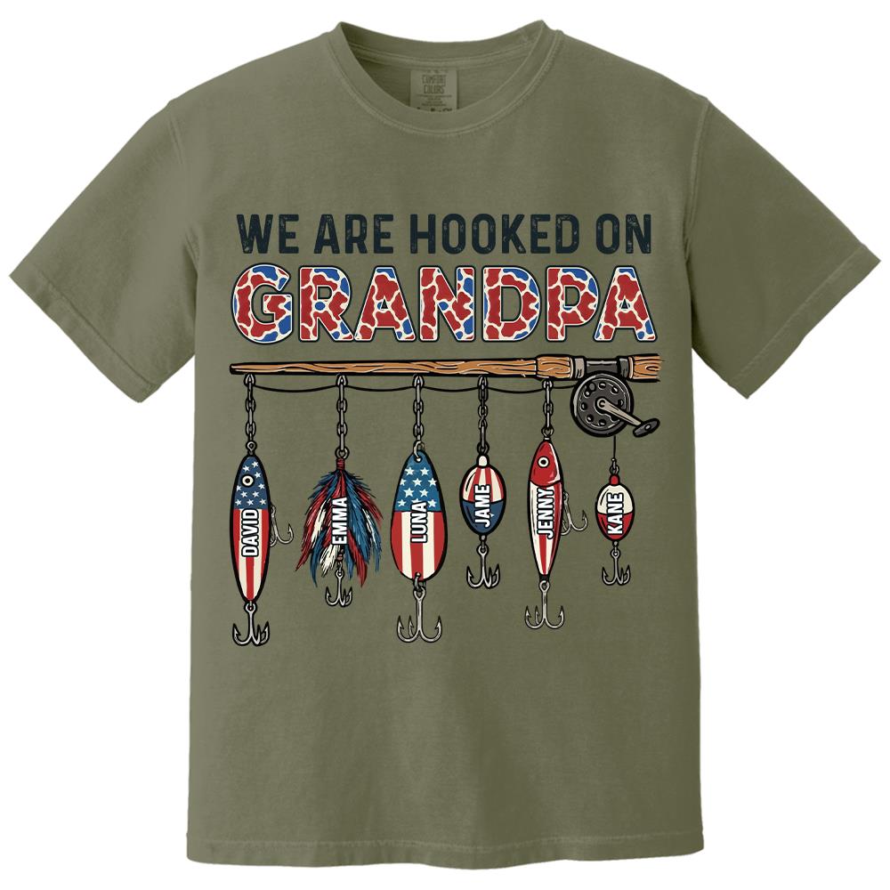 We Are Hooked On Grandpa Personalized Dad Grandpa Fishing Shirt, America 250th Anniversary, Father’s Day Gift for Grandpa Fisherman Na02 Hv01