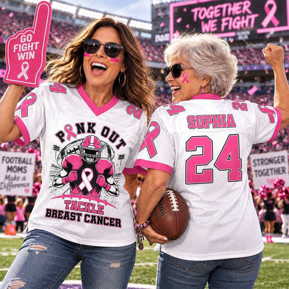 Custom Pink Out Breast Cancer Football Jersey, Tackle Cancer Game Day Shirt L0411 Hv01