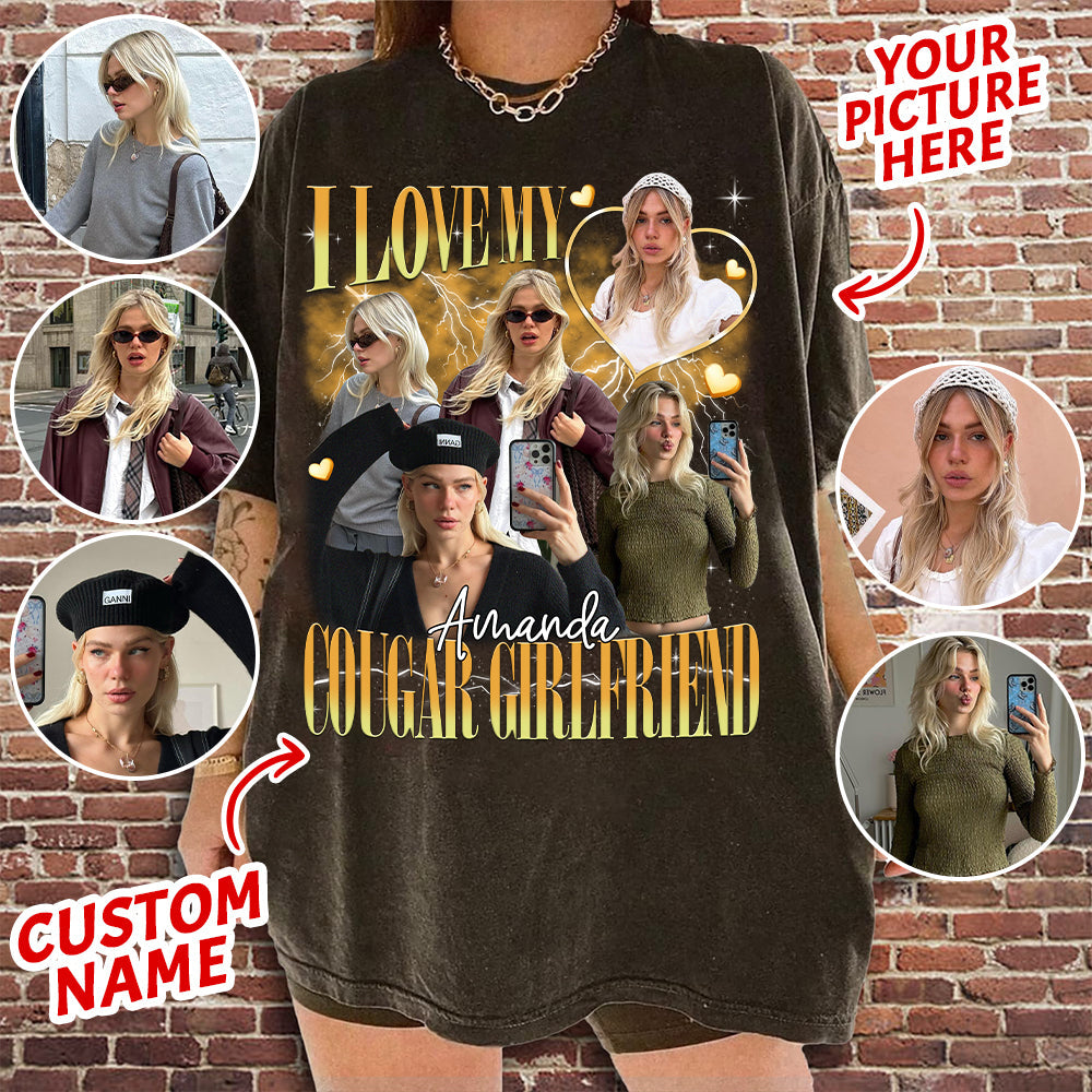 Custom I Love My Cougar Girlfriend Comfort Colors Shirt, I Heart My Cougar Shirt, Valentine Gift I Love My Girlfriend Custom Picture, Girlfriend Bootleg Tee Shirt, 90s Bootleg Shirt