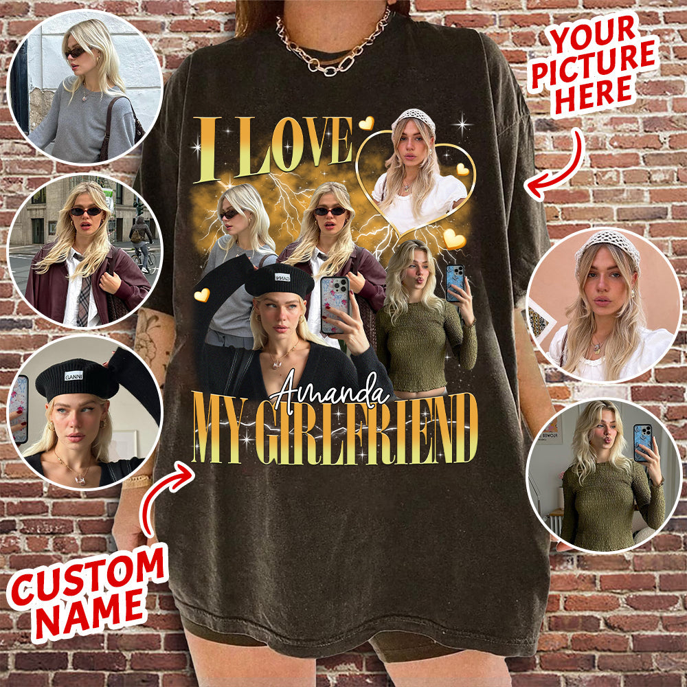 I Love My Girlfriend Shirt Custom Photo, Valentine Gift I Love My Girlfriend Custom Picture, Girlfriend Bootleg Tee Shirt, 90s Bootleg Shirt