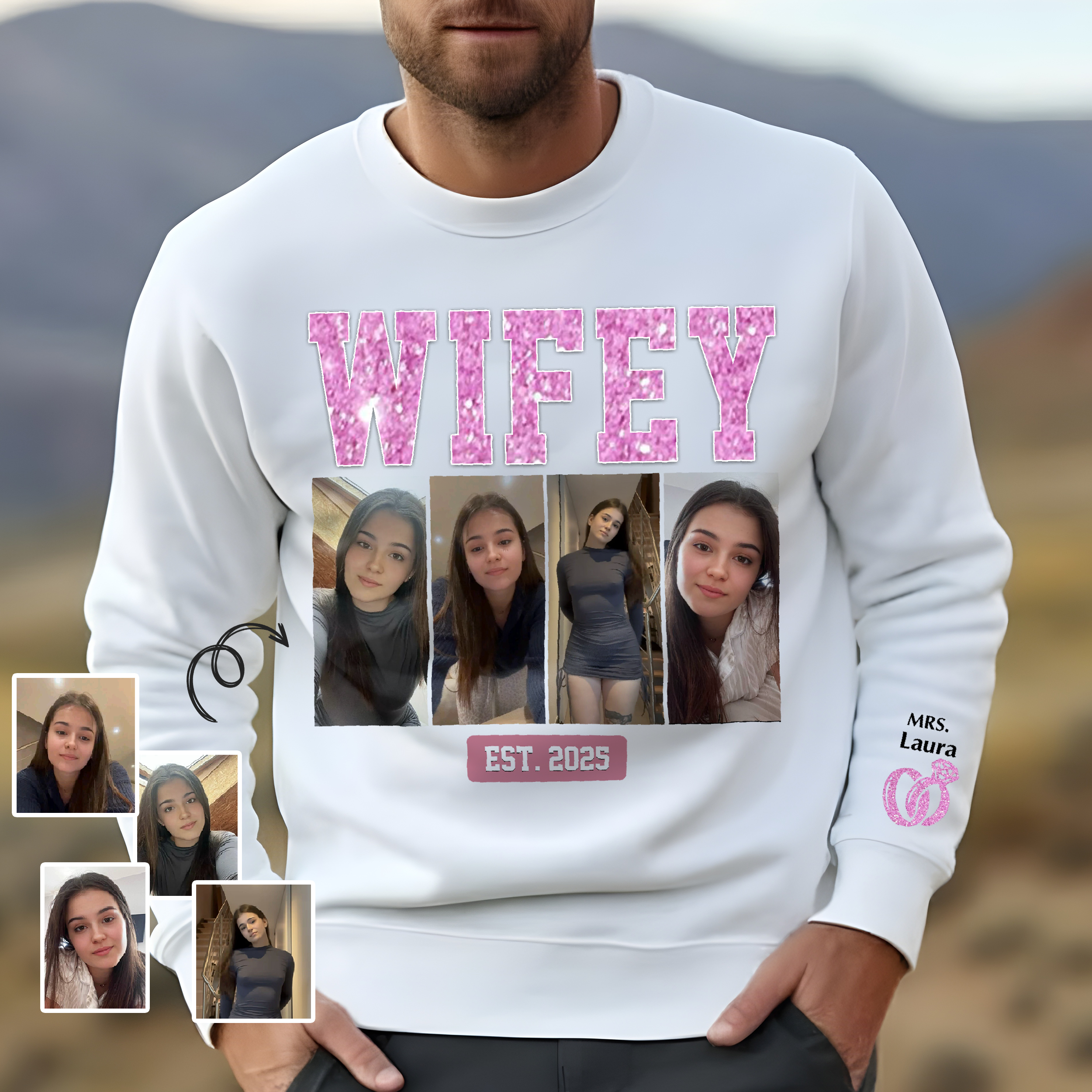 Custom Wifey Est Couple Sweatshirt – Personalized Unisex Hoodie with Sleeve Design, Custom Photo, Gift for Husband & Wife, Christmas & Anniversary Na02