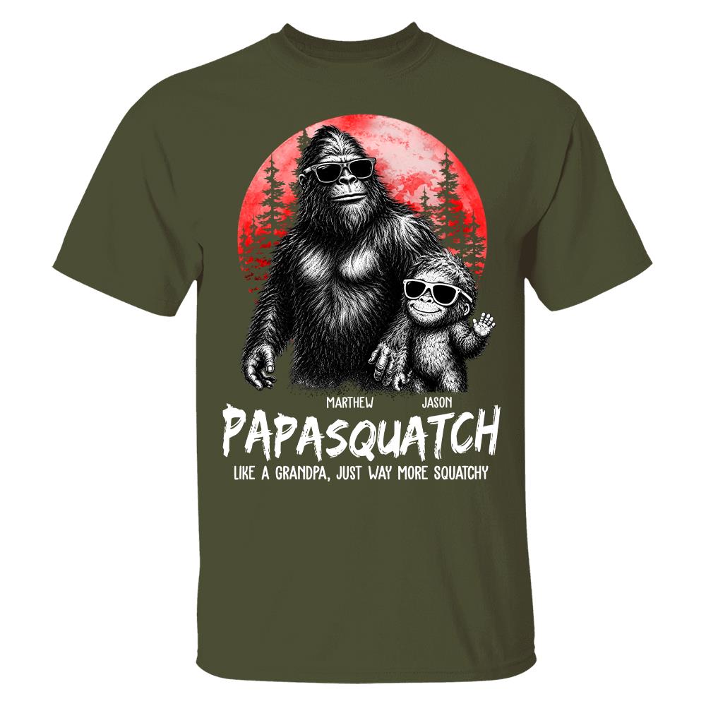 Personalized Papasquatch, Like A Grandpa, Just Way More Squatchy T-Shirt Father Day Gifts for Dad Funny Papa Tshirt Cool Daddy Bigfoot Tee, Red Moon Style Hv01