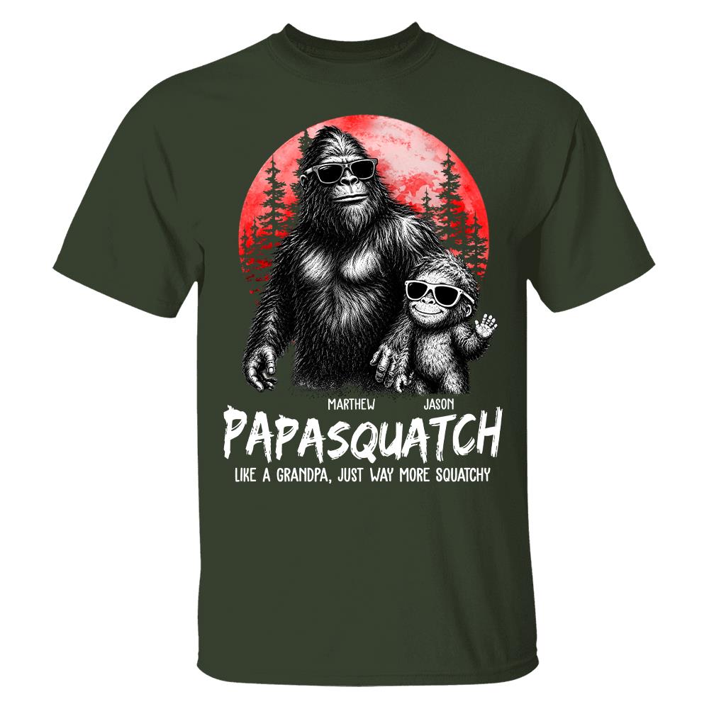 Personalized Papasquatch, Like A Grandpa, Just Way More Squatchy T-Shirt Father Day Gifts for Dad Funny Papa Tshirt Cool Daddy Bigfoot Tee, Red Moon Style Hv01