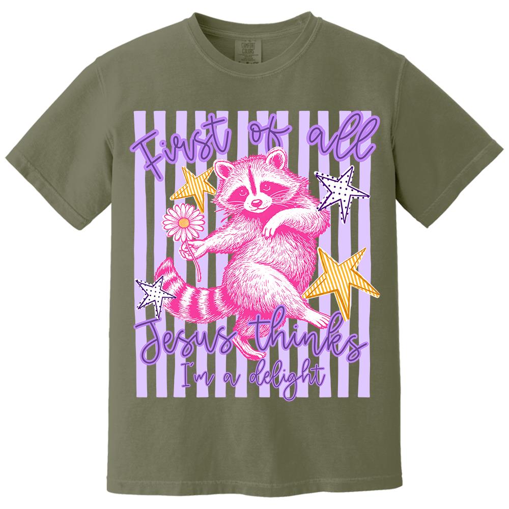 Custom First of All Jesus Thinks I'm A Delight Christian Humor T-shirt, Preppy Striped Summer, Funny Feral Raccoon, Dog, Cat Shirt Hv01