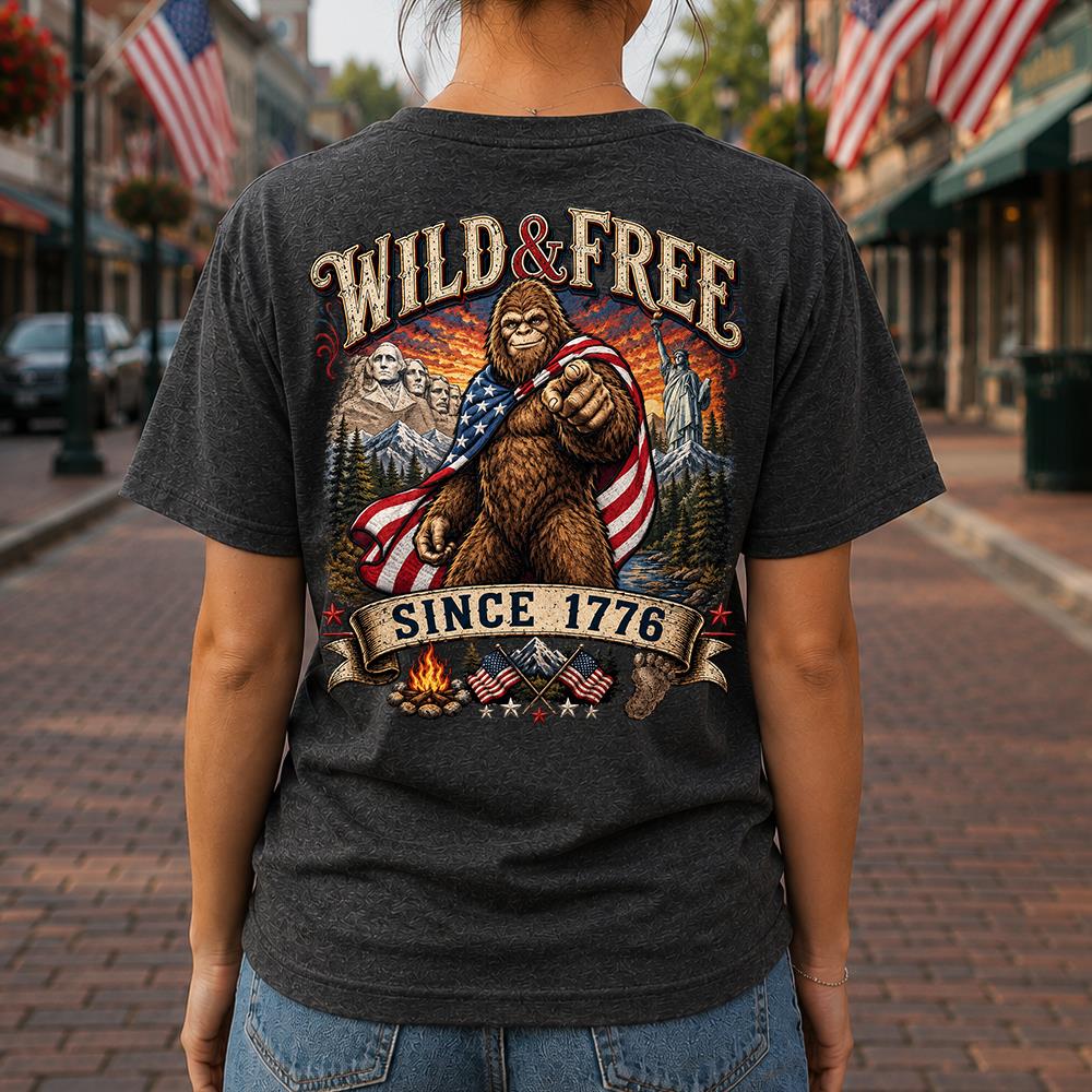 Custom Wild & Free Since 1776 Bigfoot Patriotic T-Shirt