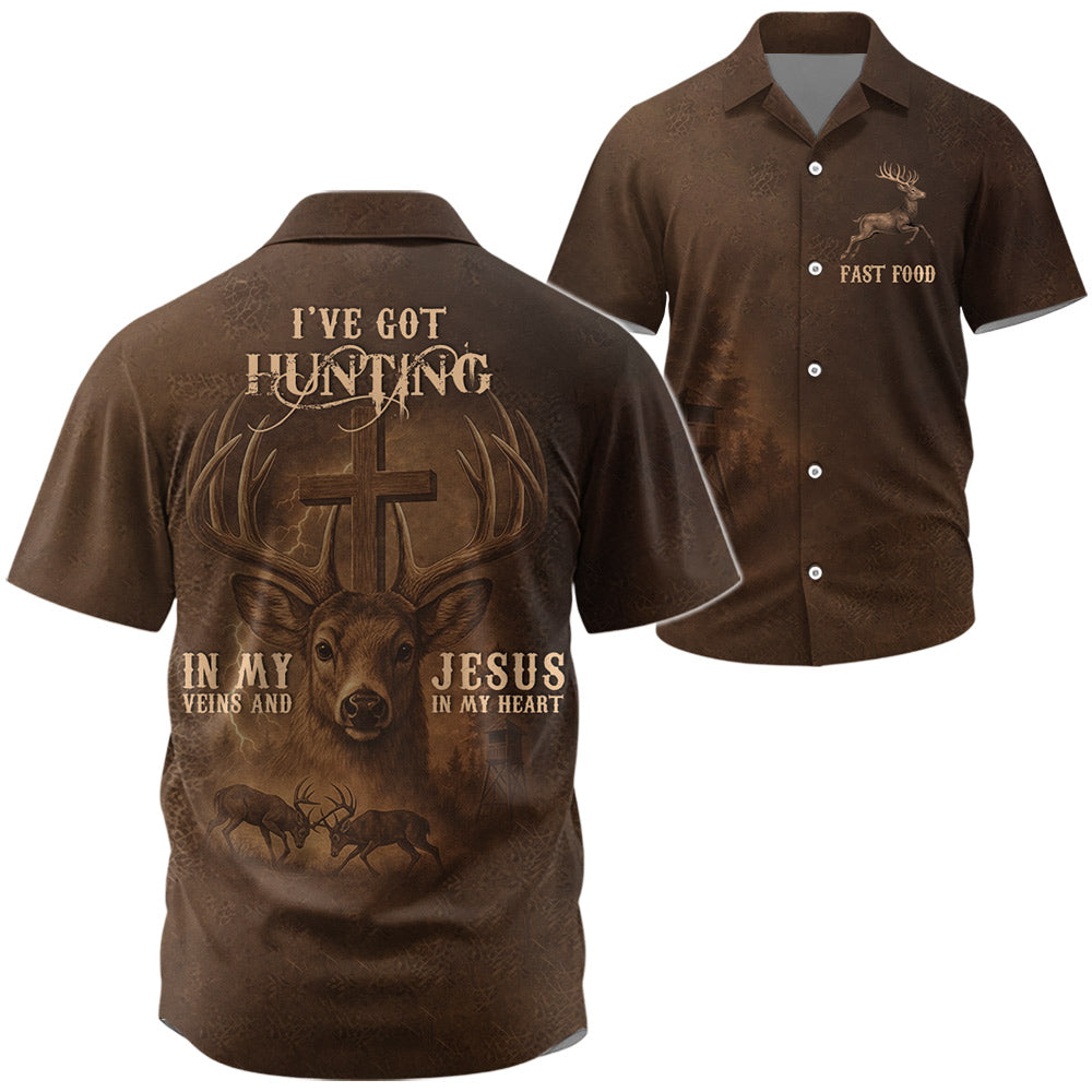 Fast Food Deer Graphic, I've Got Hunting In My Veins And Jesus In My Heart All Over Print T-Shirt Li29