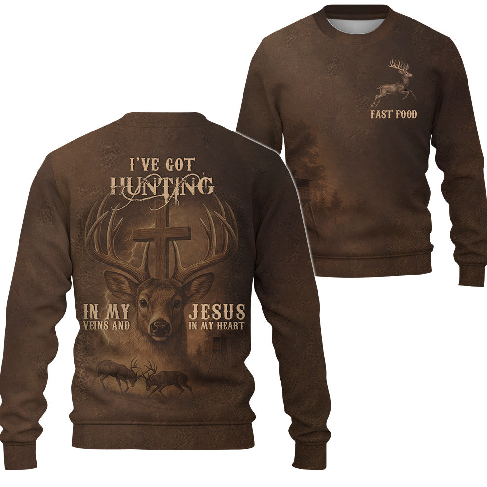 Fast Food Deer Graphic, I've Got Hunting In My Veins And Jesus In My Heart All Over Print T-Shirt Li29