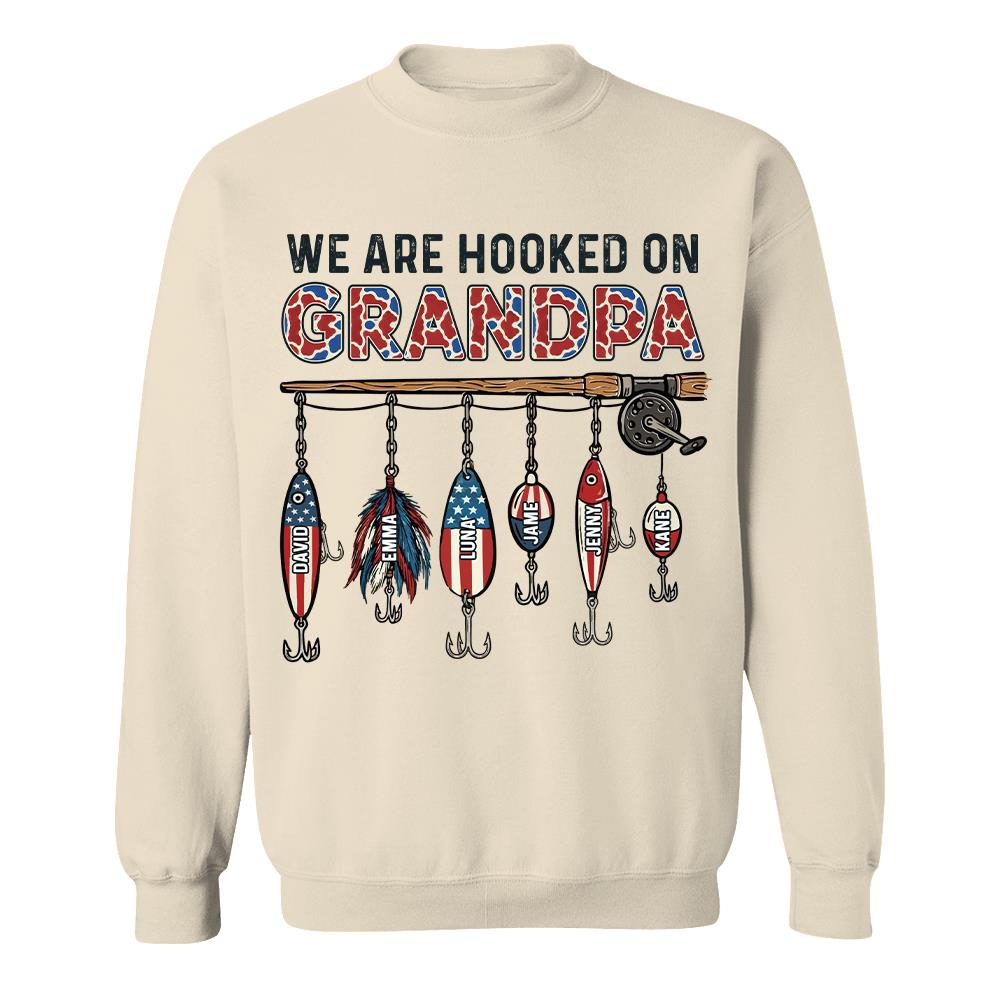 We Are Hooked On Grandpa Personalized Dad Grandpa Fishing Shirt, America 250th Anniversary, Father’s Day Gift for Grandpa Fisherman Na02 Hv01