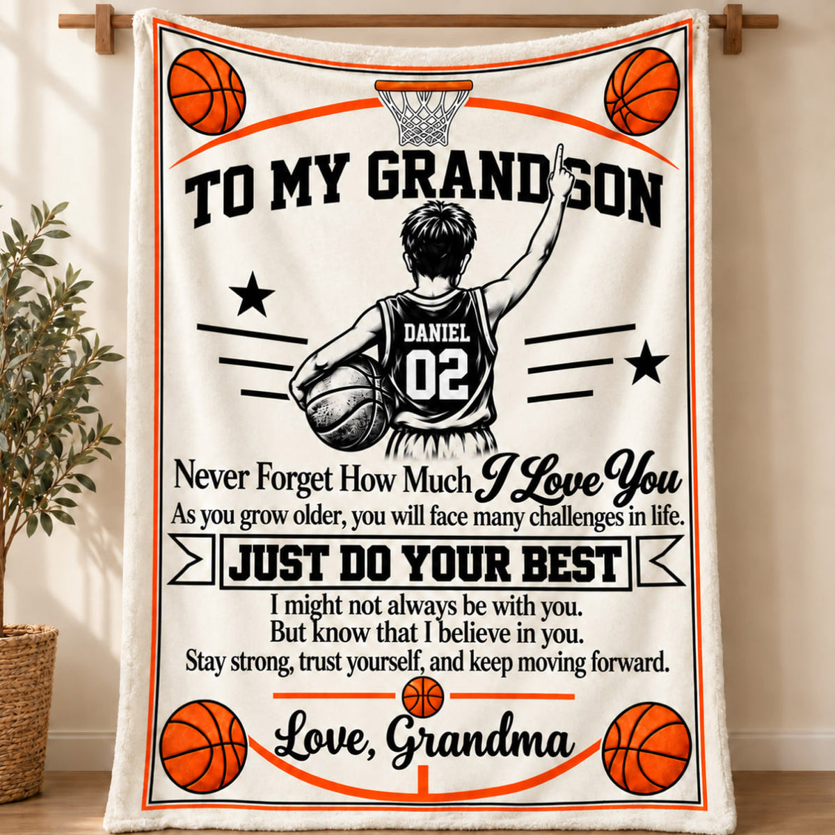 Personalized Basketball Blanket for Grandson, Custom Name & Number Basketball Player Throw Blanket, Gift from Grandma Na02 Nh00 DN10