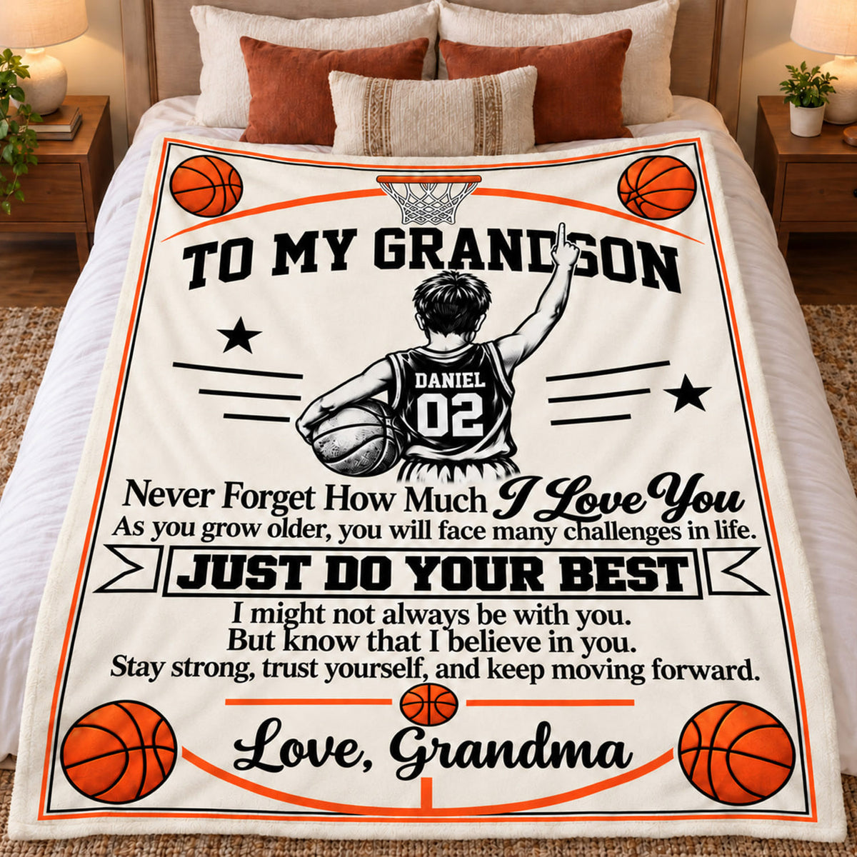 Personalized Basketball Blanket for Grandson, Custom Name & Number Basketball Player Throw Blanket, Gift from Grandma Na02 Nh00 DN10