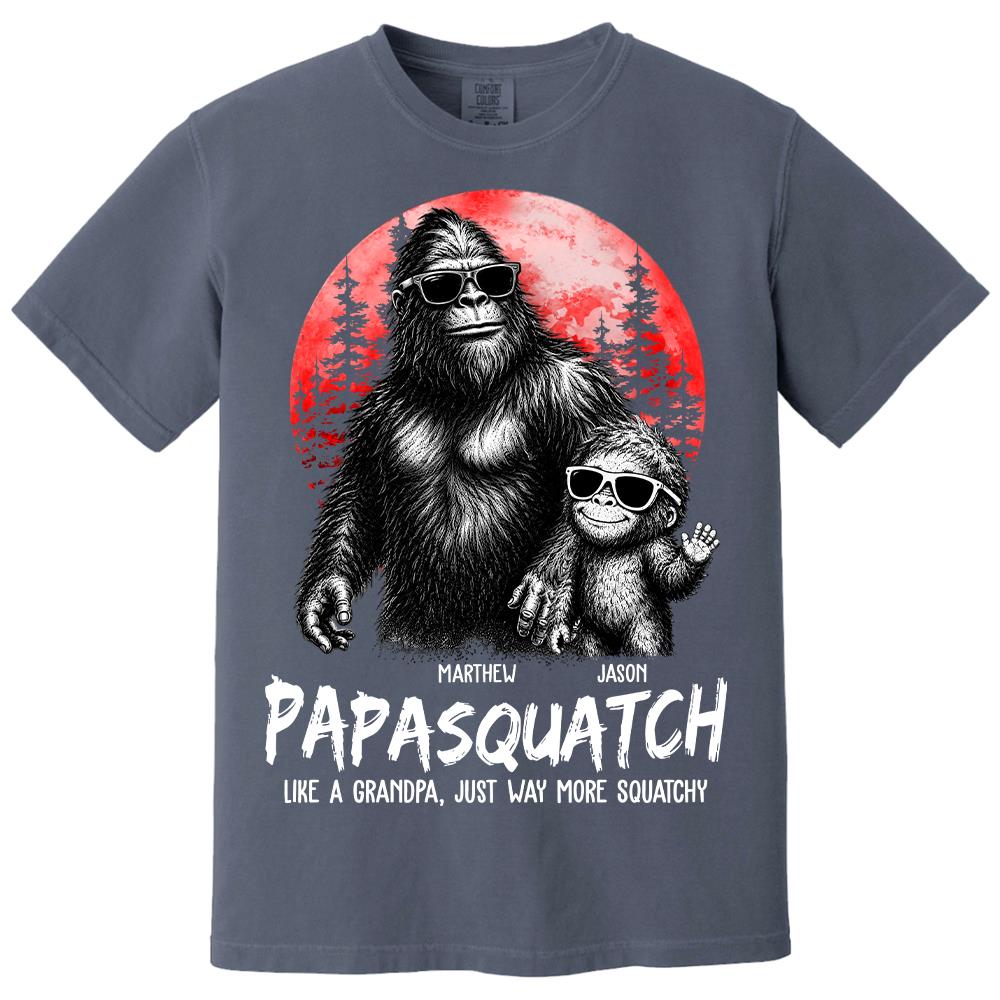 Personalized Papasquatch, Like A Grandpa, Just Way More Squatchy T-Shirt Father Day Gifts for Dad Funny Papa Tshirt Cool Daddy Bigfoot Tee, Red Moon Style Hv01
