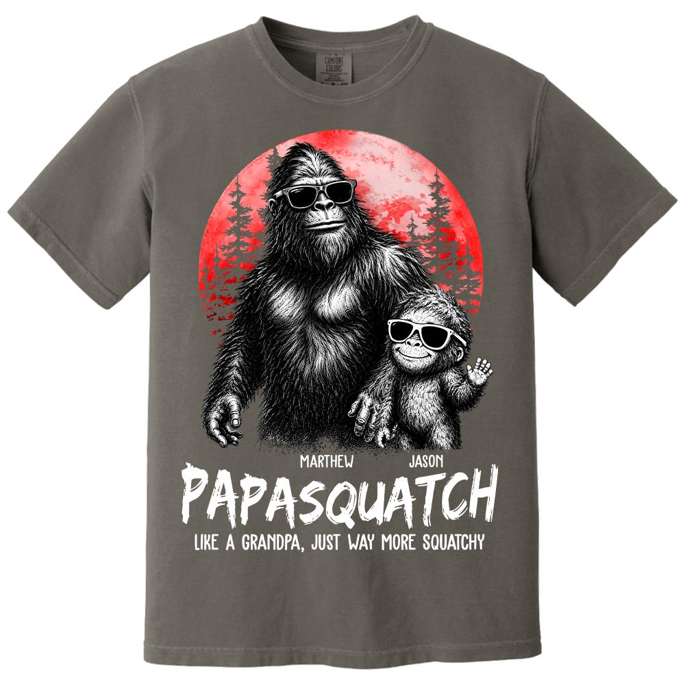 Personalized Papasquatch, Like A Grandpa, Just Way More Squatchy T-Shirt Father Day Gifts for Dad Funny Papa Tshirt Cool Daddy Bigfoot Tee, Red Moon Style Hv01