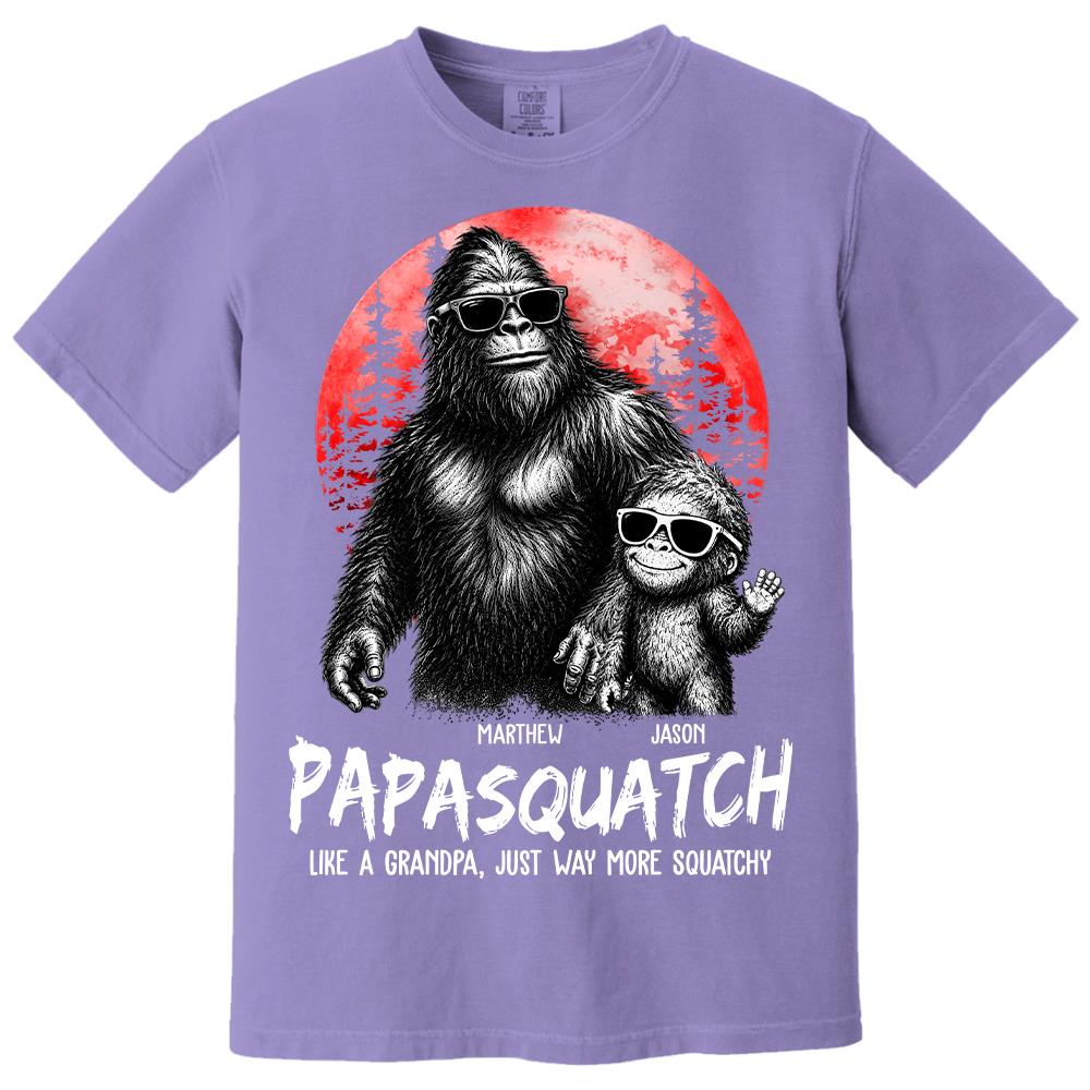 Personalized Papasquatch, Like A Grandpa, Just Way More Squatchy T-Shirt Father Day Gifts for Dad Funny Papa Tshirt Cool Daddy Bigfoot Tee, Red Moon Style Hv01
