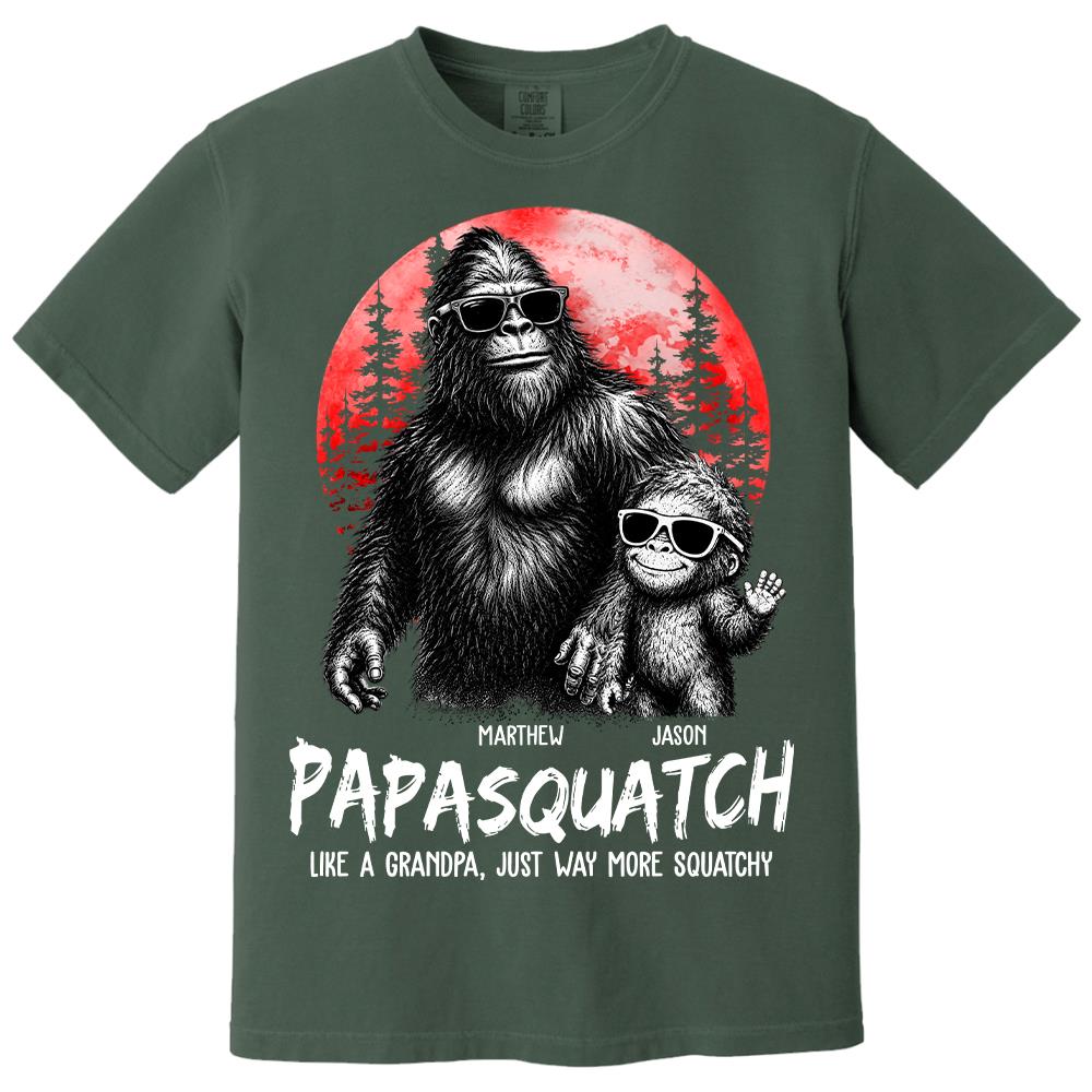 Personalized Papasquatch, Like A Grandpa, Just Way More Squatchy T-Shirt Father Day Gifts for Dad Funny Papa Tshirt Cool Daddy Bigfoot Tee, Red Moon Style Hv01