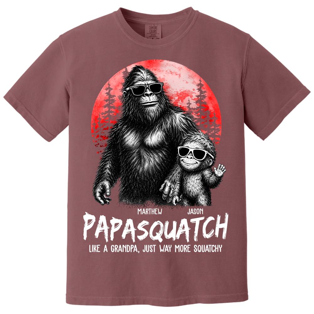 Personalized Papasquatch, Like A Grandpa, Just Way More Squatchy T-Shirt Father Day Gifts for Dad Funny Papa Tshirt Cool Daddy Bigfoot Tee, Red Moon Style Hv01