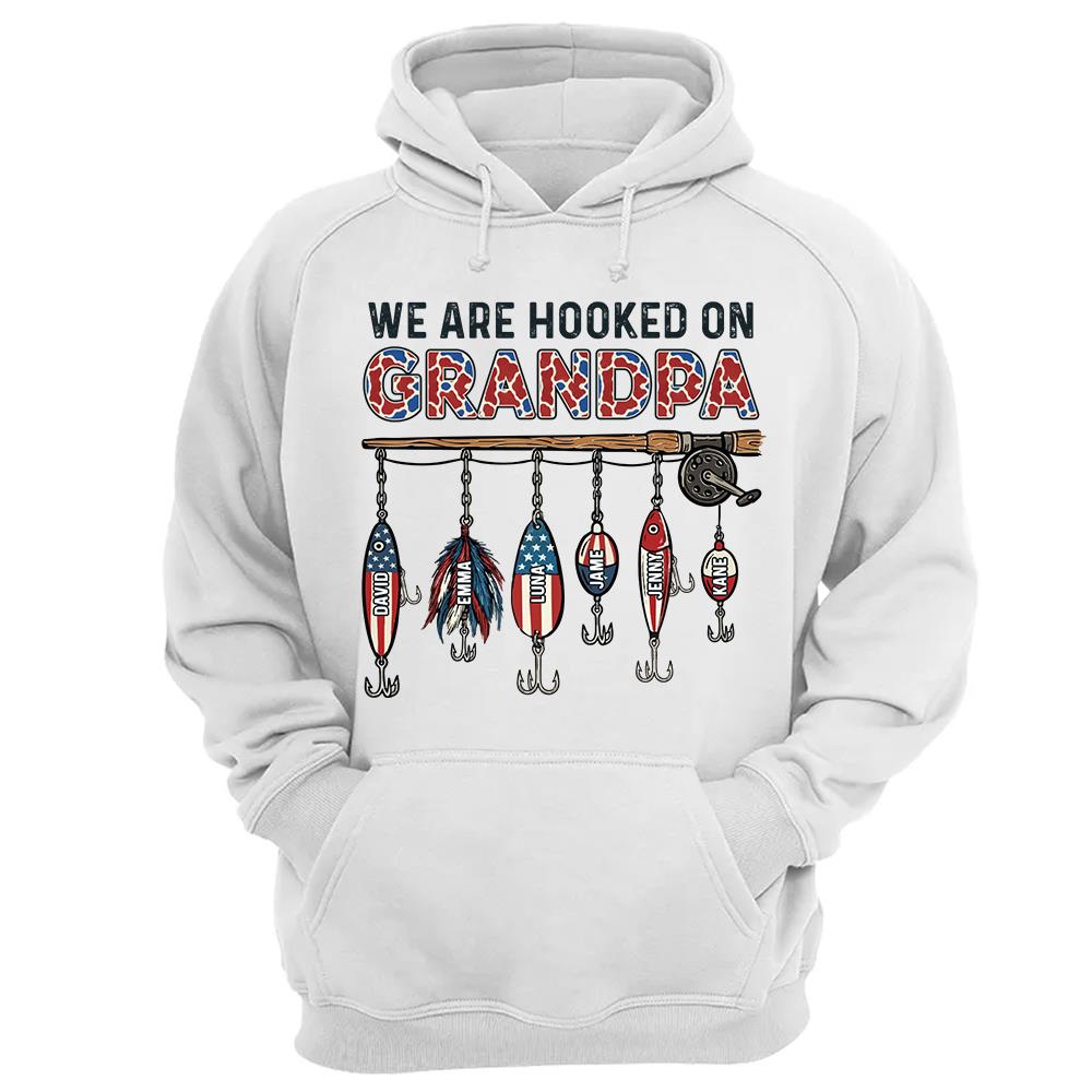 We Are Hooked On Grandpa Personalized Dad Grandpa Fishing Shirt, America 250th Anniversary, Father’s Day Gift for Grandpa Fisherman Na02 Hv01