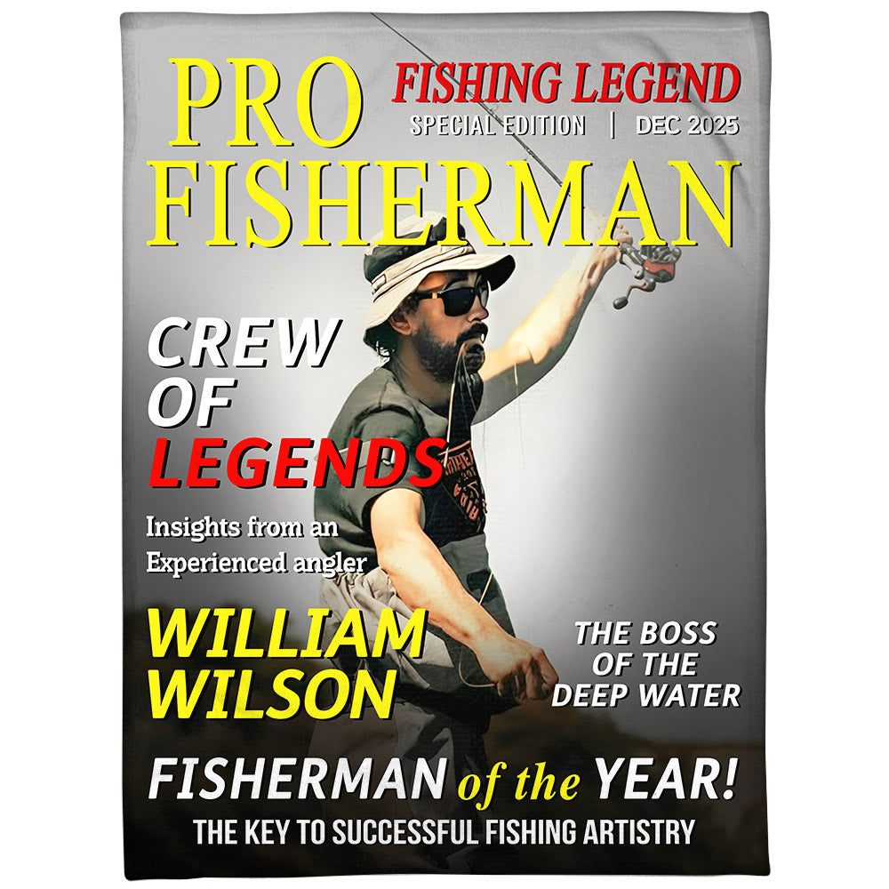 Custom Photo Hooked On Greatness Fishing Magazine Cover Blanket, Personalized Fishing Gifts for Men, Funny Gift for Fisherman
