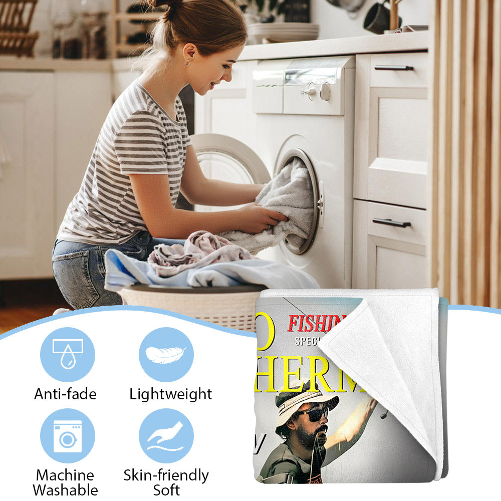 Custom Photo Hooked On Greatness Fishing Magazine Cover Blanket, Personalized Fishing Gifts for Men, Funny Gift for Fisherman