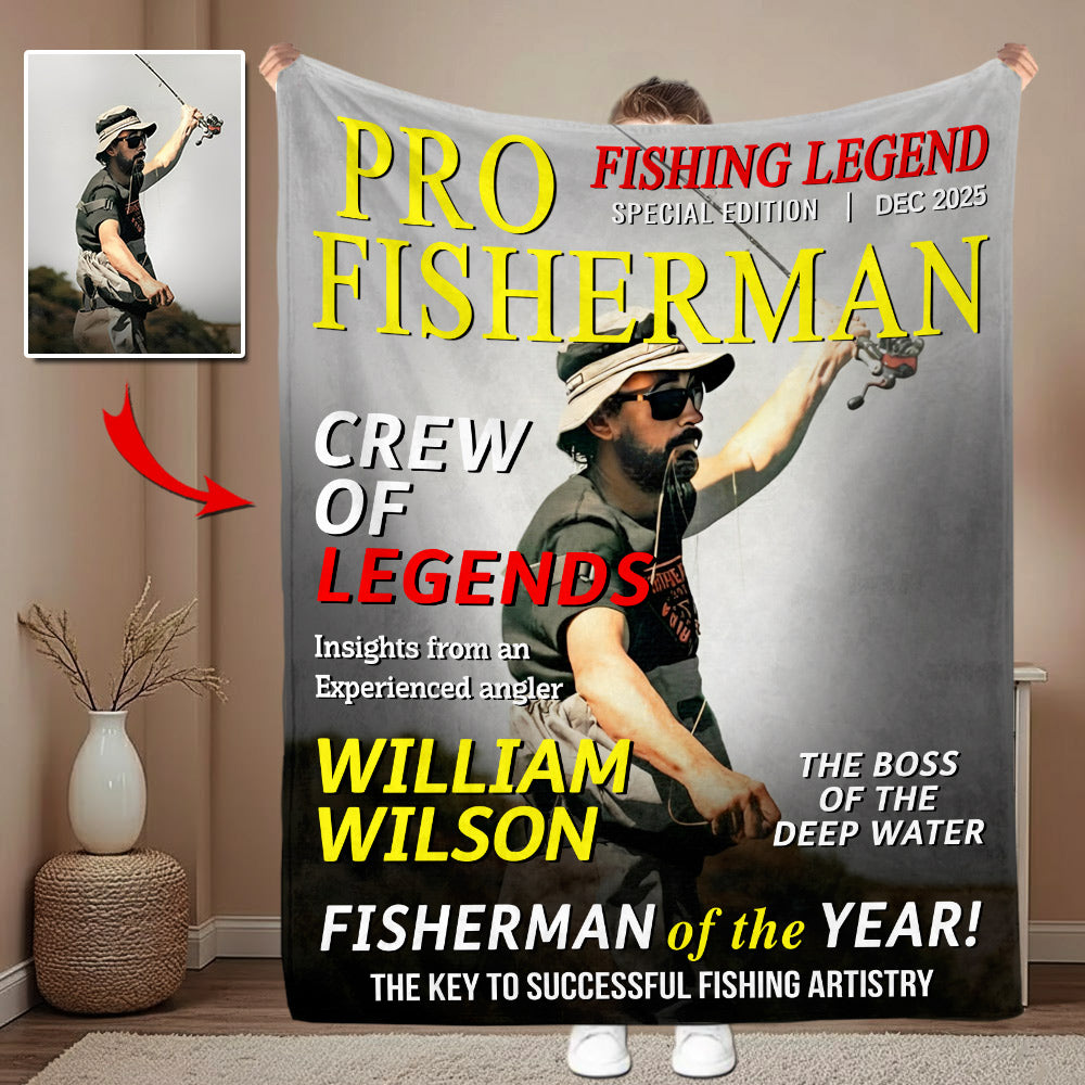 Custom Photo Hooked On Greatness Fishing Magazine Cover Blanket, Personalized Fishing Gifts for Men, Funny Gift for Fisherman