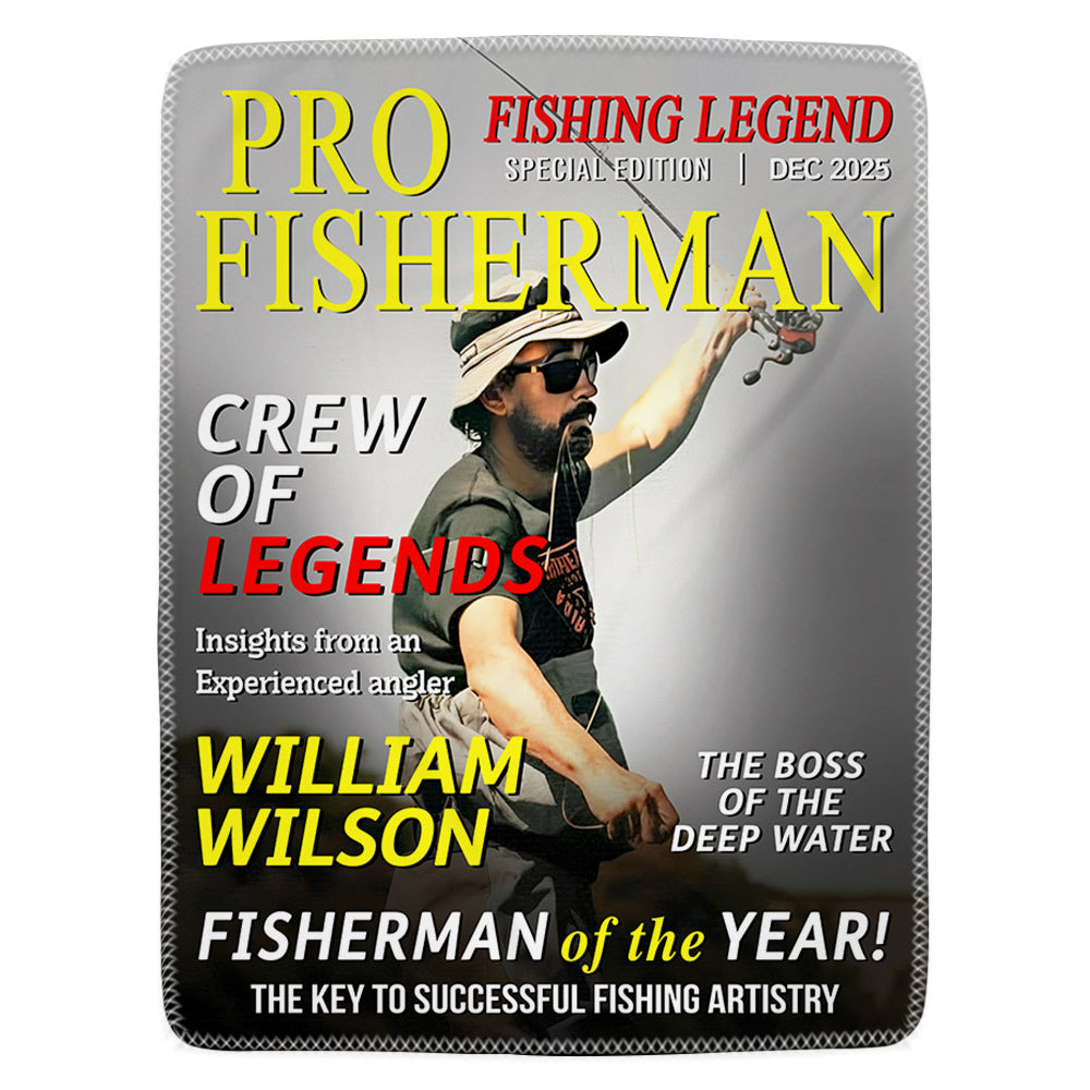 Custom Photo Hooked On Greatness Fishing Magazine Cover Blanket, Personalized Fishing Gifts for Men, Funny Gift for Fisherman