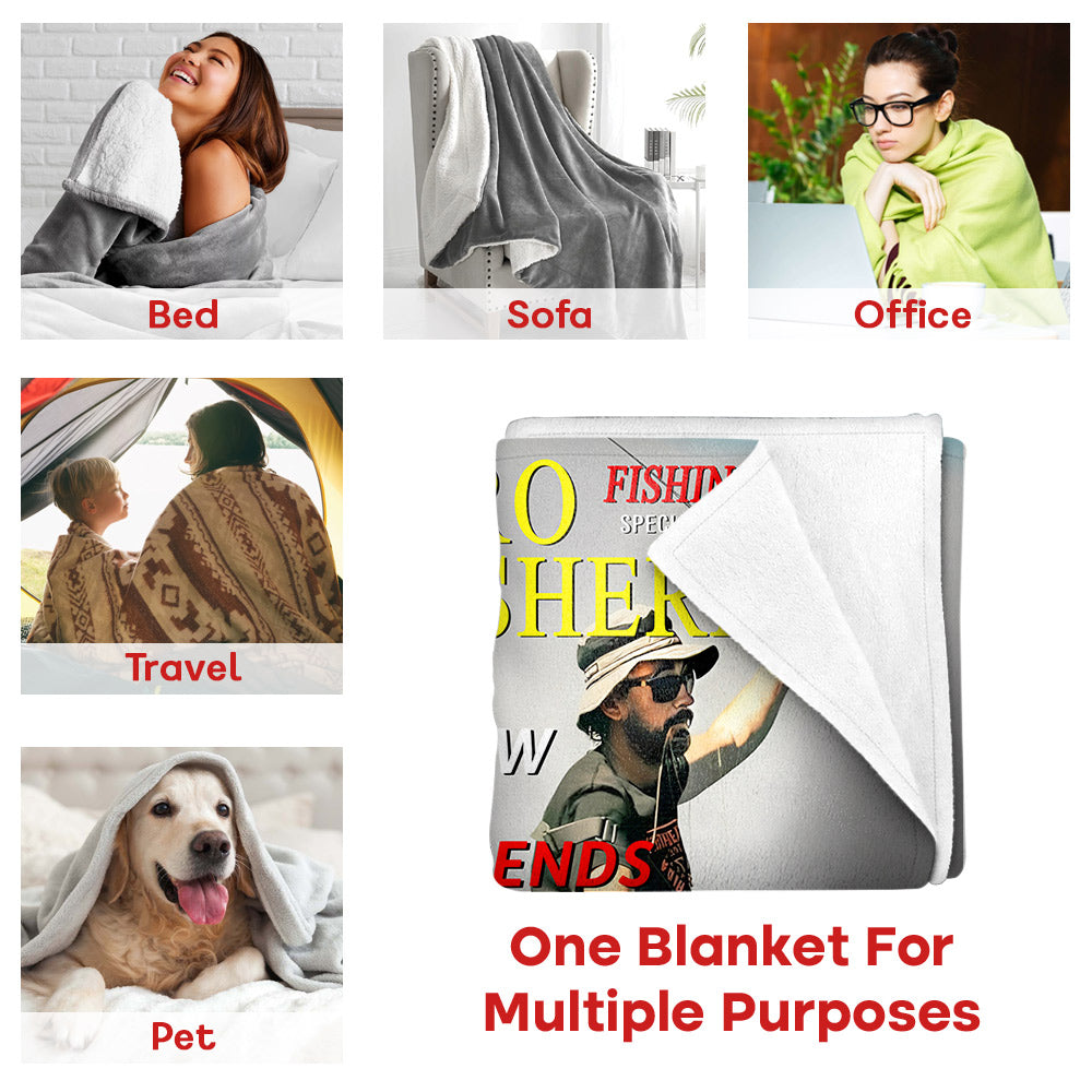 Custom Photo Hooked On Greatness Fishing Magazine Cover Blanket, Personalized Fishing Gifts for Men, Funny Gift for Fisherman