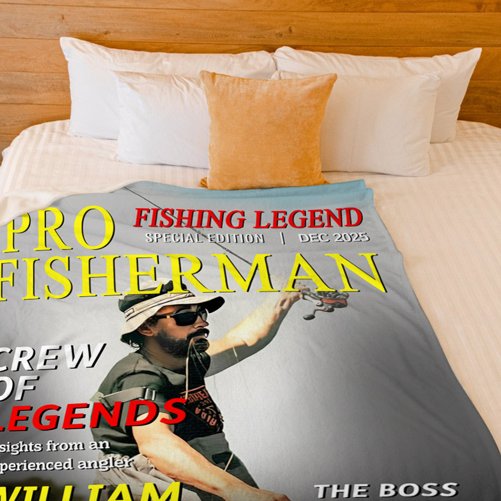 Custom Photo Hooked On Greatness Fishing Magazine Cover Blanket, Personalized Fishing Gifts for Men, Funny Gift for Fisherman