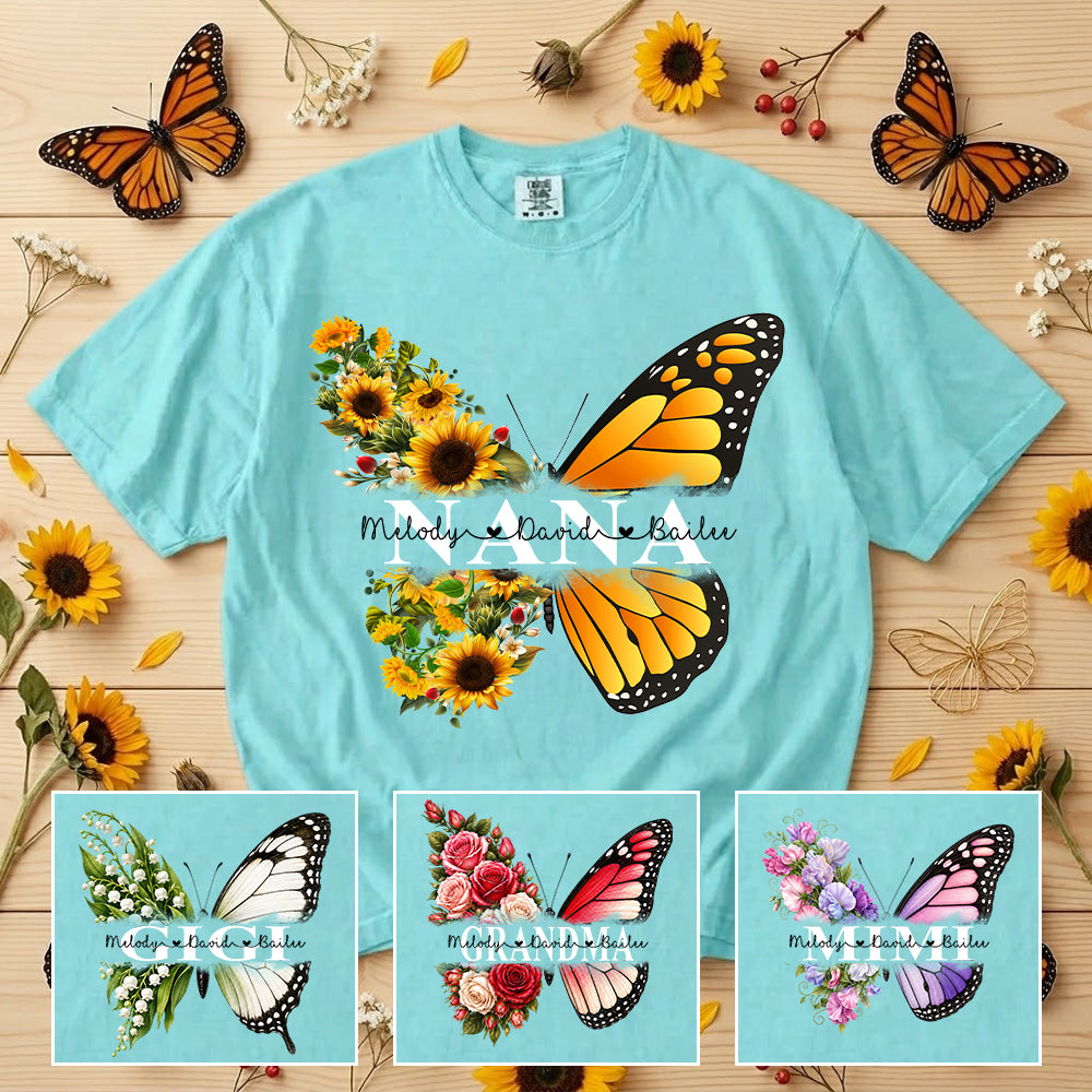Personalized Nana Butterfly Birthday Flower Shirt - Custom Grandma With Grandkids Names VH01