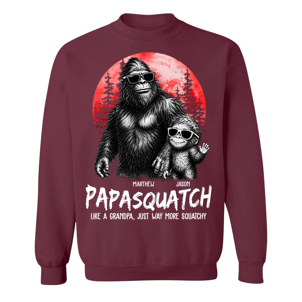 Personalized Papasquatch, Like A Grandpa, Just Way More Squatchy T-Shirt Father Day Gifts for Dad Funny Papa Tshirt Cool Daddy Bigfoot Tee, Red Moon Style Hv01