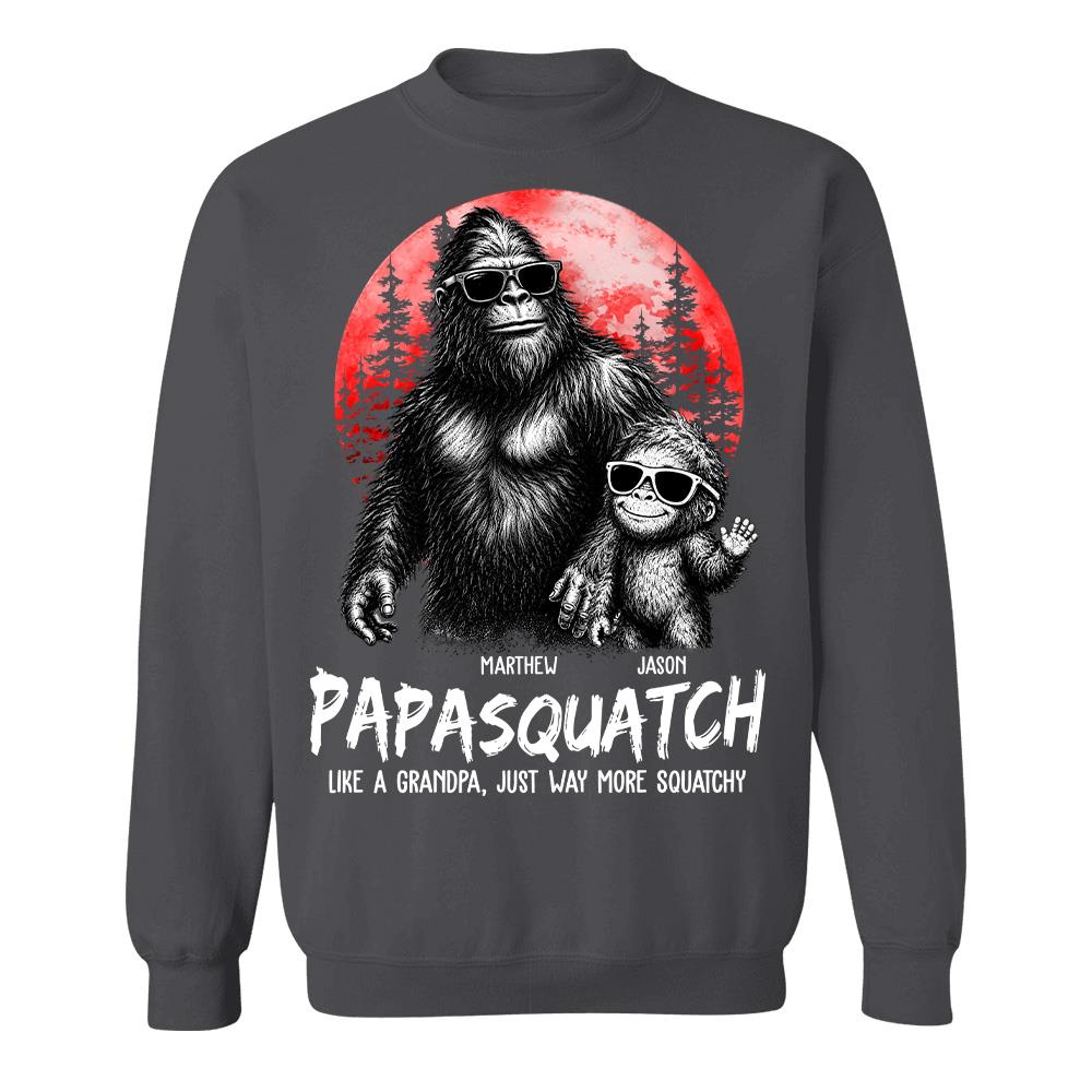 Personalized Papasquatch, Like A Grandpa, Just Way More Squatchy T-Shirt Father Day Gifts for Dad Funny Papa Tshirt Cool Daddy Bigfoot Tee, Red Moon Style Hv01
