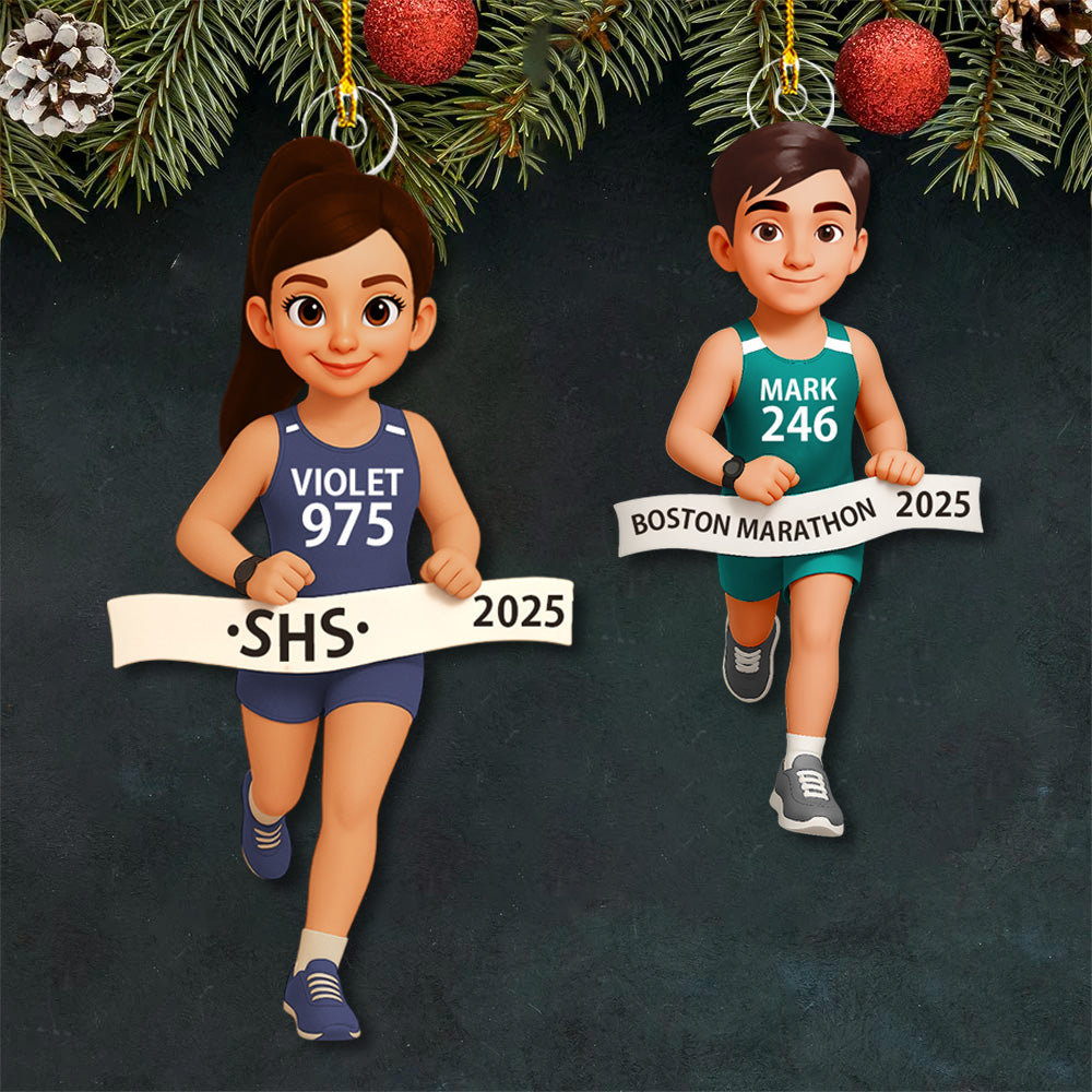 3D Effect Marathon Runner Ornament – Personalized Track Runner Ornament: Girl & Boy Marathon Keepsake Na02 Pt99