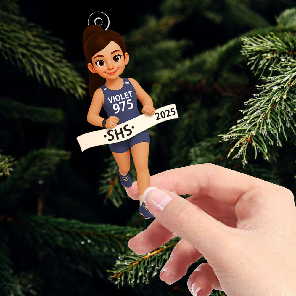 3D Effect Marathon Runner Ornament – Personalized Track Runner Ornament: Girl & Boy Marathon Keepsake Na02 Pt99