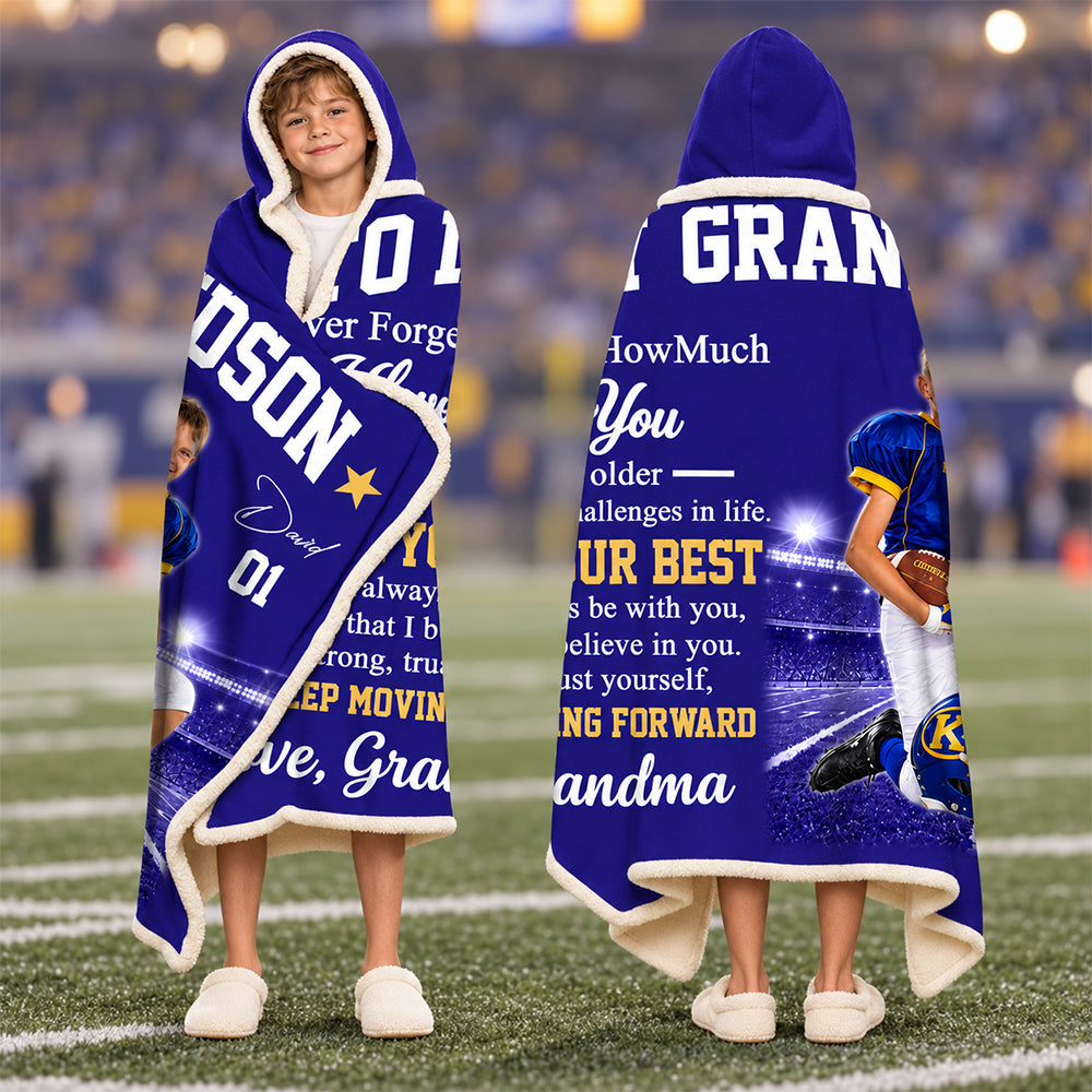 To My Grandson – Personalized Football Photo Hooded Blanket, Gift from Grandma Na02 NV01 DN10